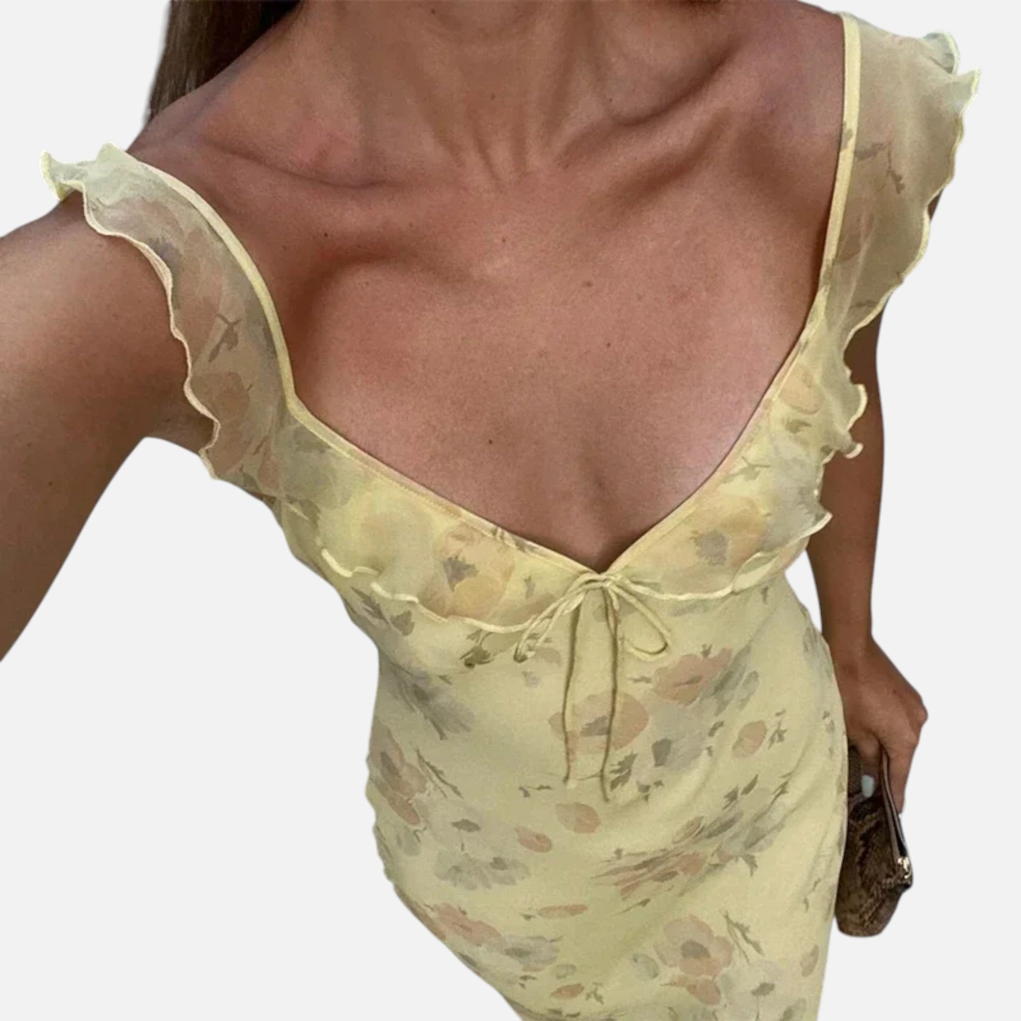 Velqlo | Women’s Maxi Dress – Yellow Floral V-Neck Elegance