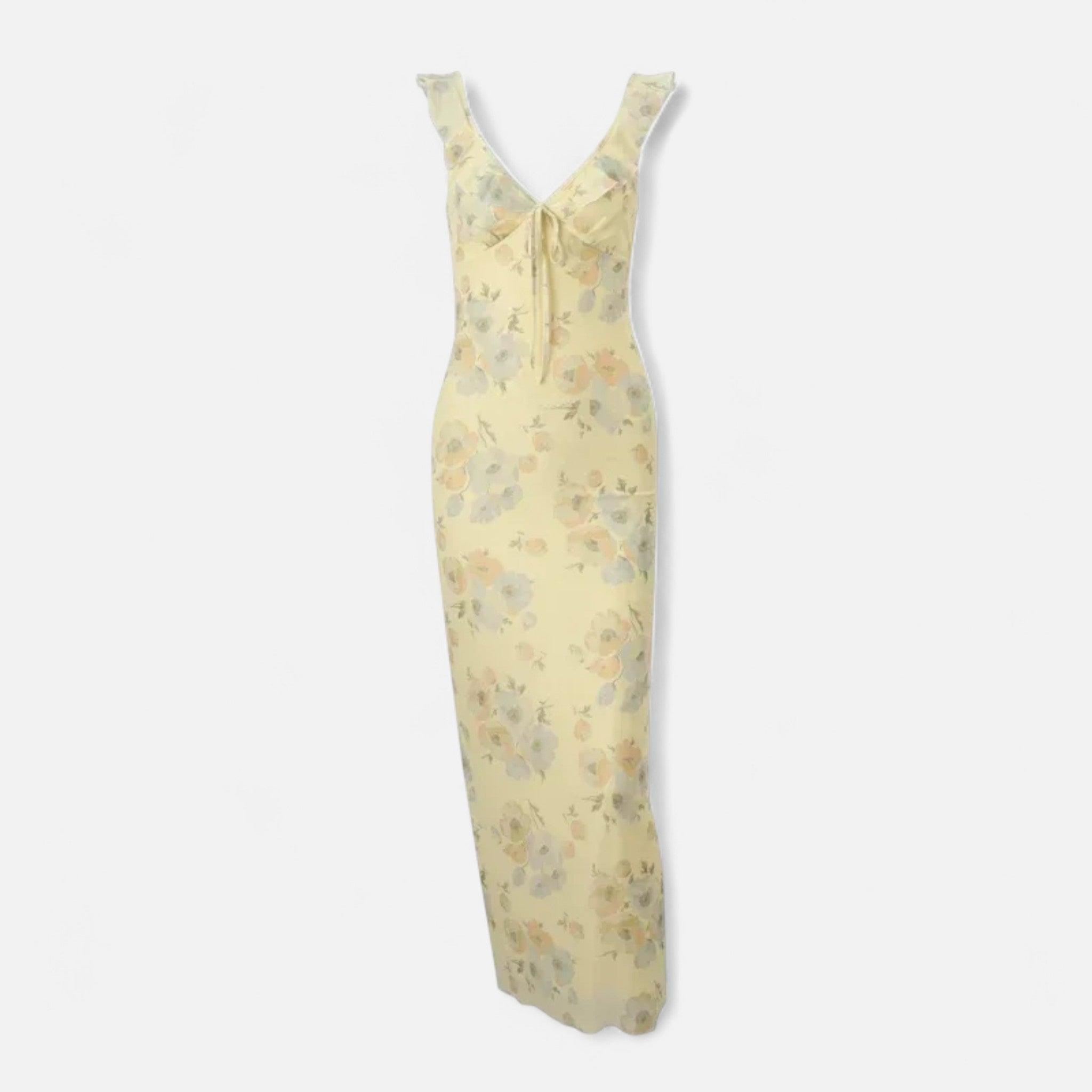 Velqlo | Women’s Maxi Dress – Yellow Floral V-Neck Elegance