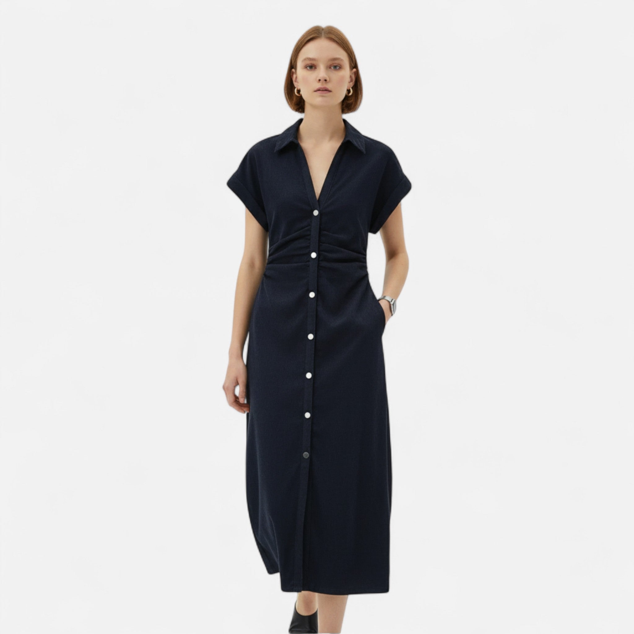 Velqlo | Women’s Denim Midi Dress – 1975 Slim Lapel Elegance