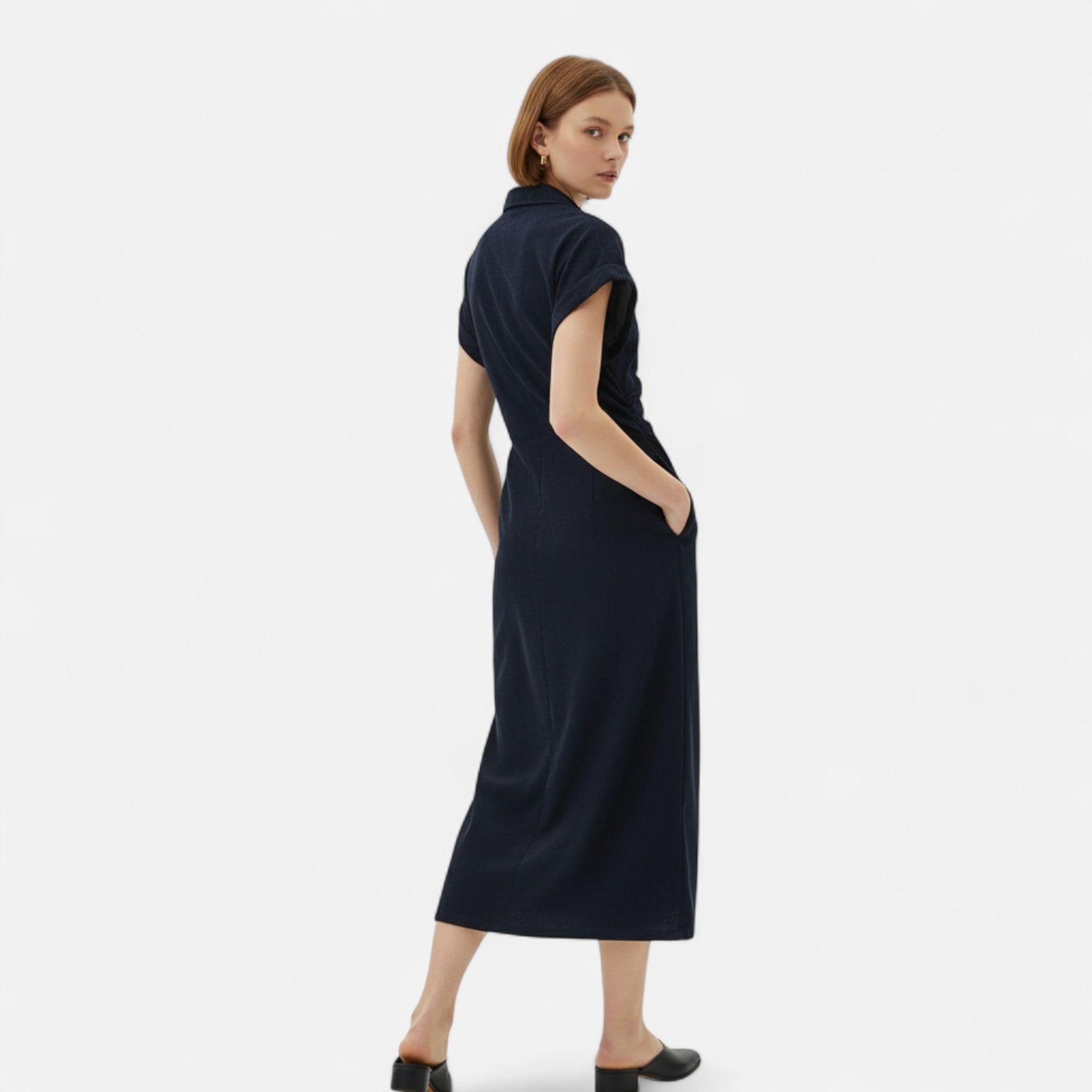 Velqlo | Women’s Denim Midi Dress – 1975 Slim Lapel Elegance