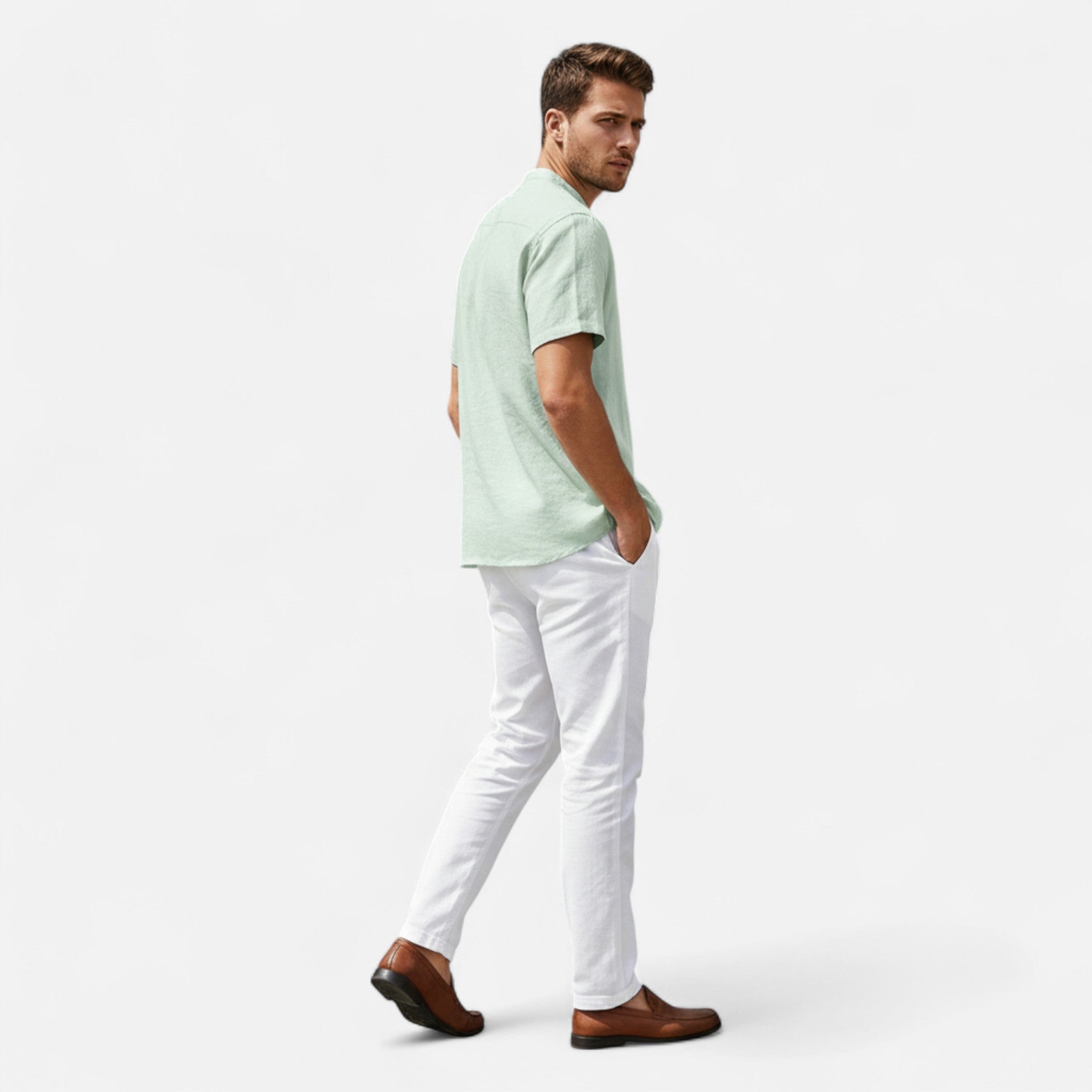 Velqlo | Men’s Henley Shirt – Cotton Linen Short Sleeve Elegance