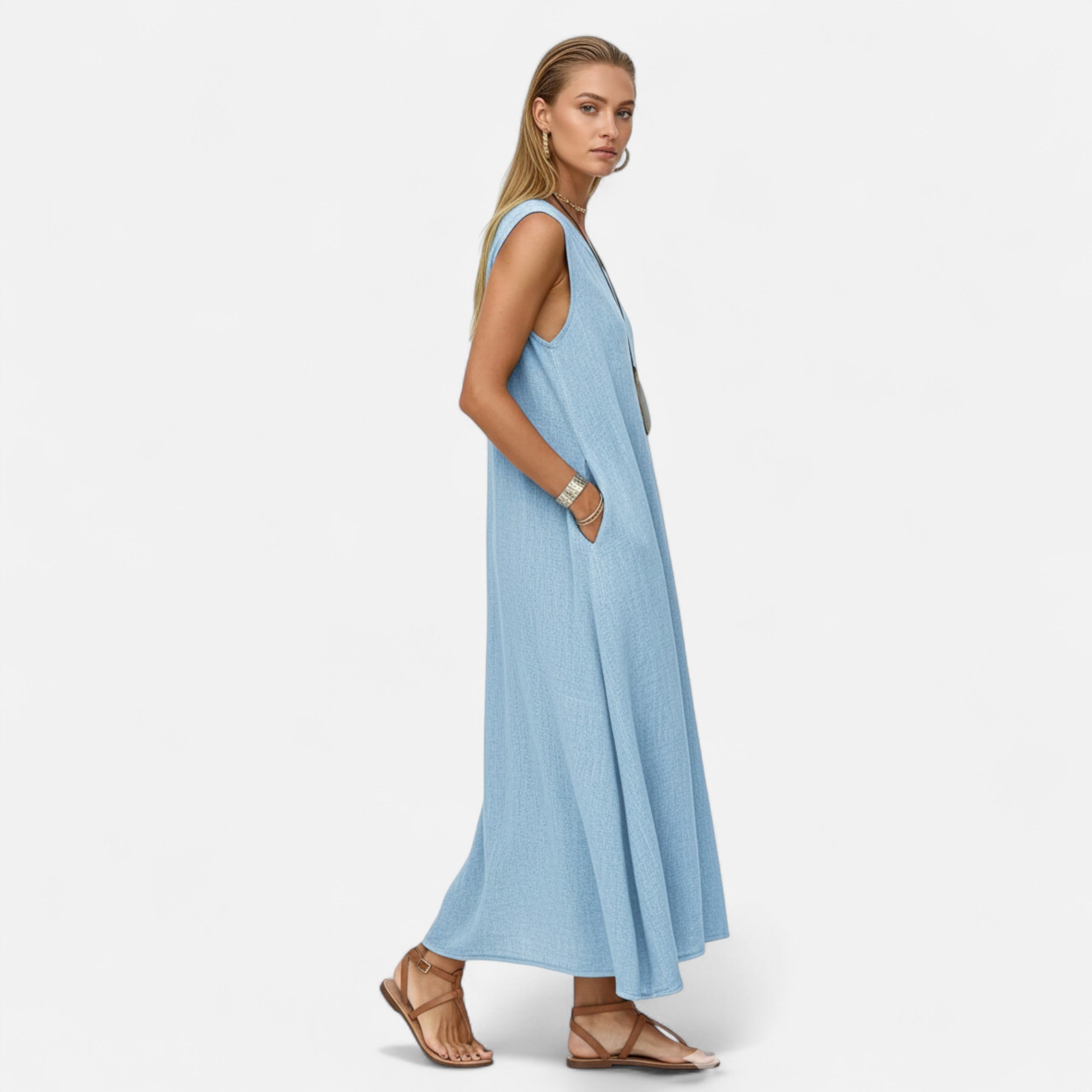 Velqlo | Women’s V-Neck Sleeveless Dress – Soft Lightweight Elegance