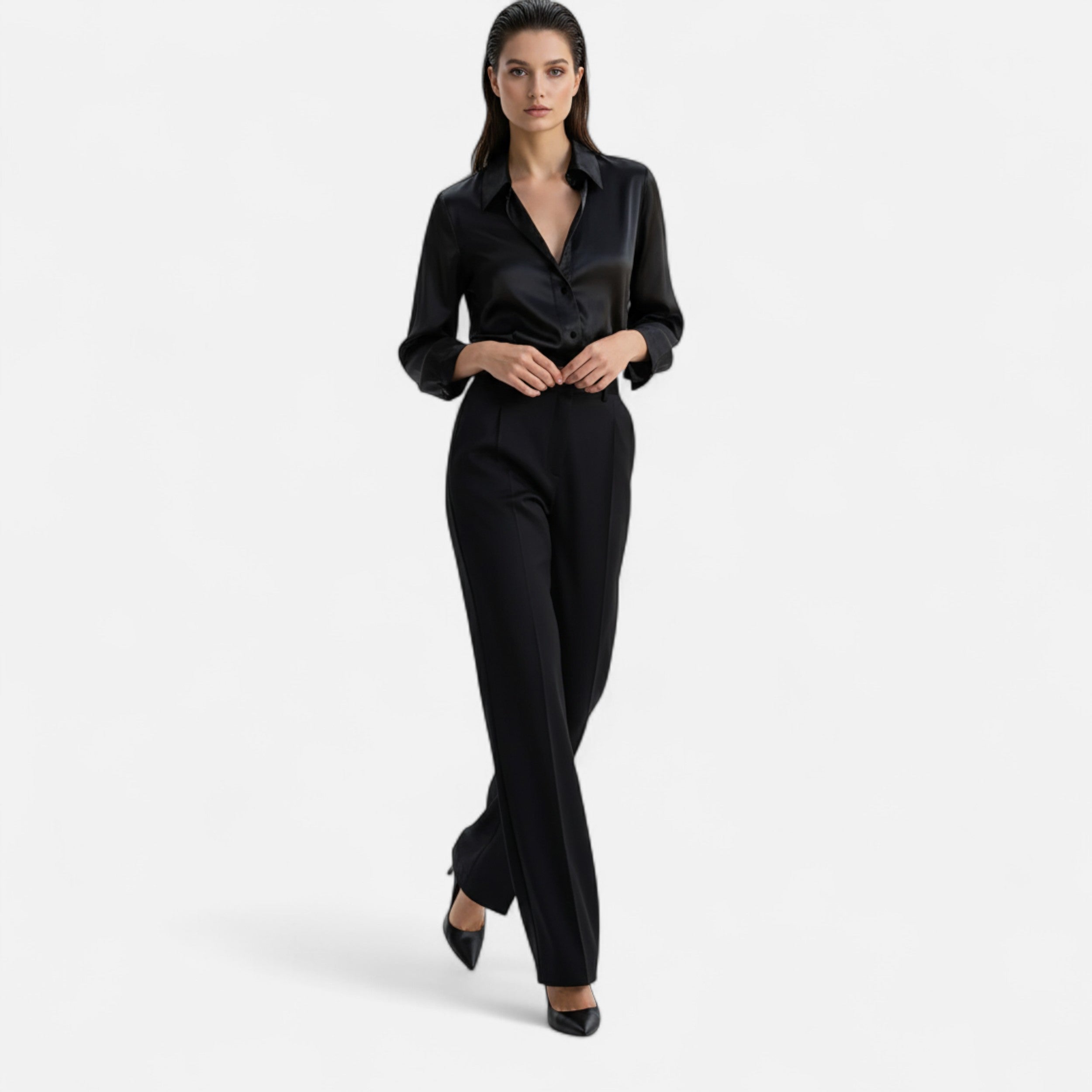 Velqlo | Women’s Black Satin Long Sleeve Blouse – Refined Button-Up Elegance