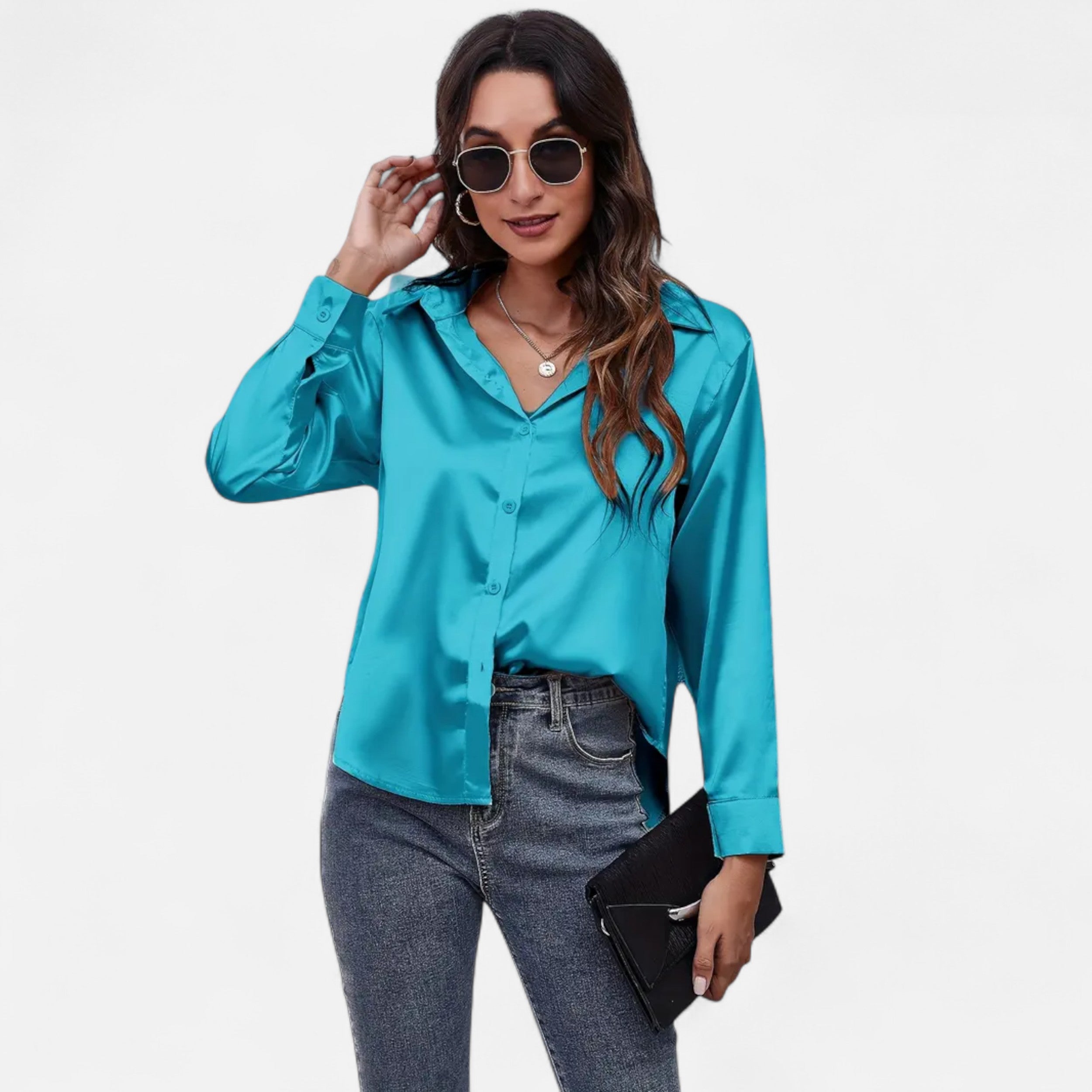 Velqlo | Women’s Satin-Finish Long Sleeve Blouse – Chic Formal Elegance
