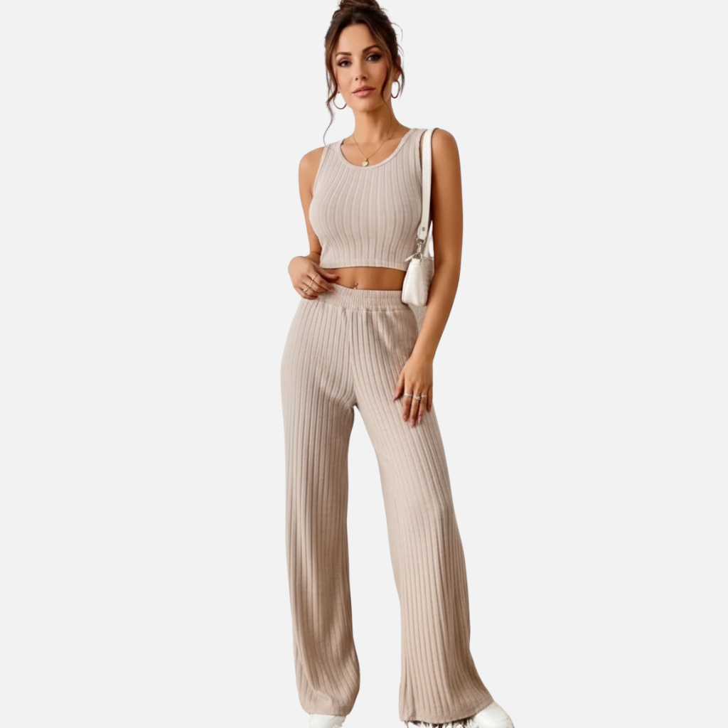 Velqlo | Ensemble gilet en maille et pantalon taille haute pour femme