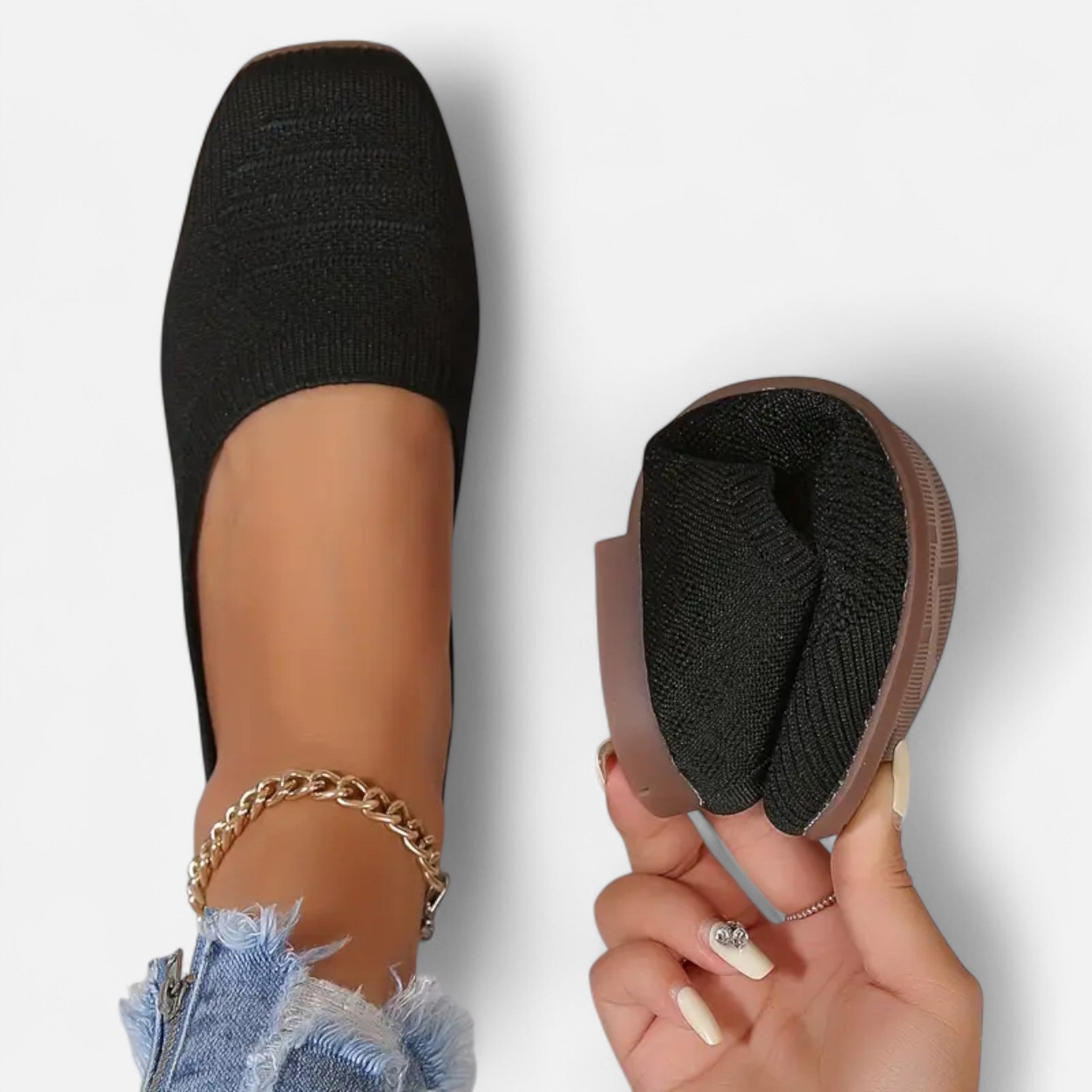 Velqlo | Women’s Flats – Black Woven Slip-On Elegance