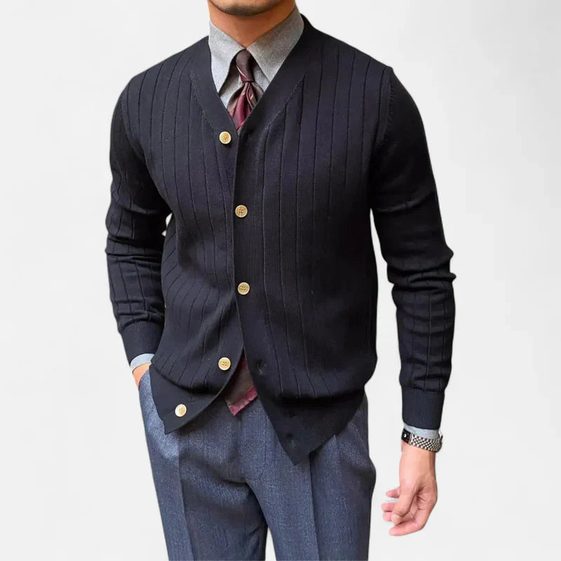 Velqlo | Cardigan en Maille Premium – Rayures Verticales et Élégance Statutaire homme