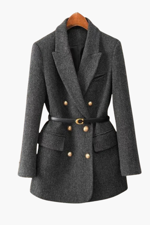 Manteau Blazer Long Femme en Laine Mélangée à Double Boutonnage Velqlo avec Ceinture