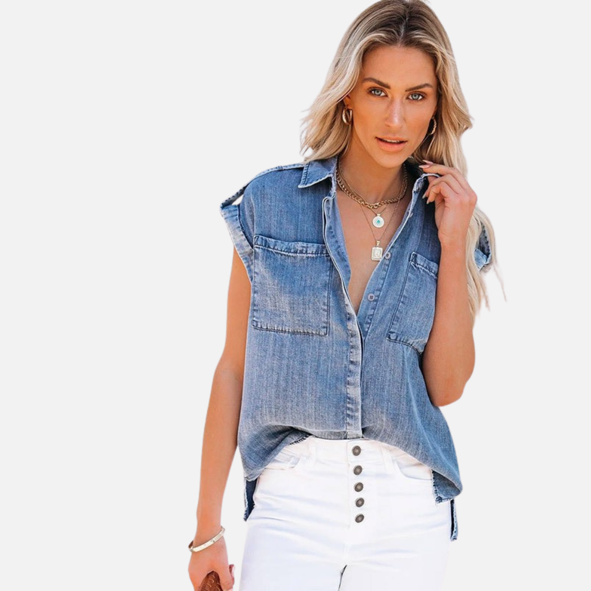Velqlo | Blouse en Denim Sans Manches pour Femme avec Poches Droites