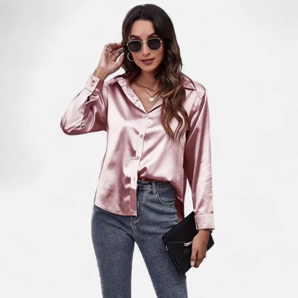 Velqlo | Women’s Satin-Finish Long Sleeve Blouse – Chic Formal Elegance