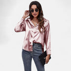 Velqlo | Women’s Satin-Finish Long Sleeve Blouse – Chic Formal Elegance