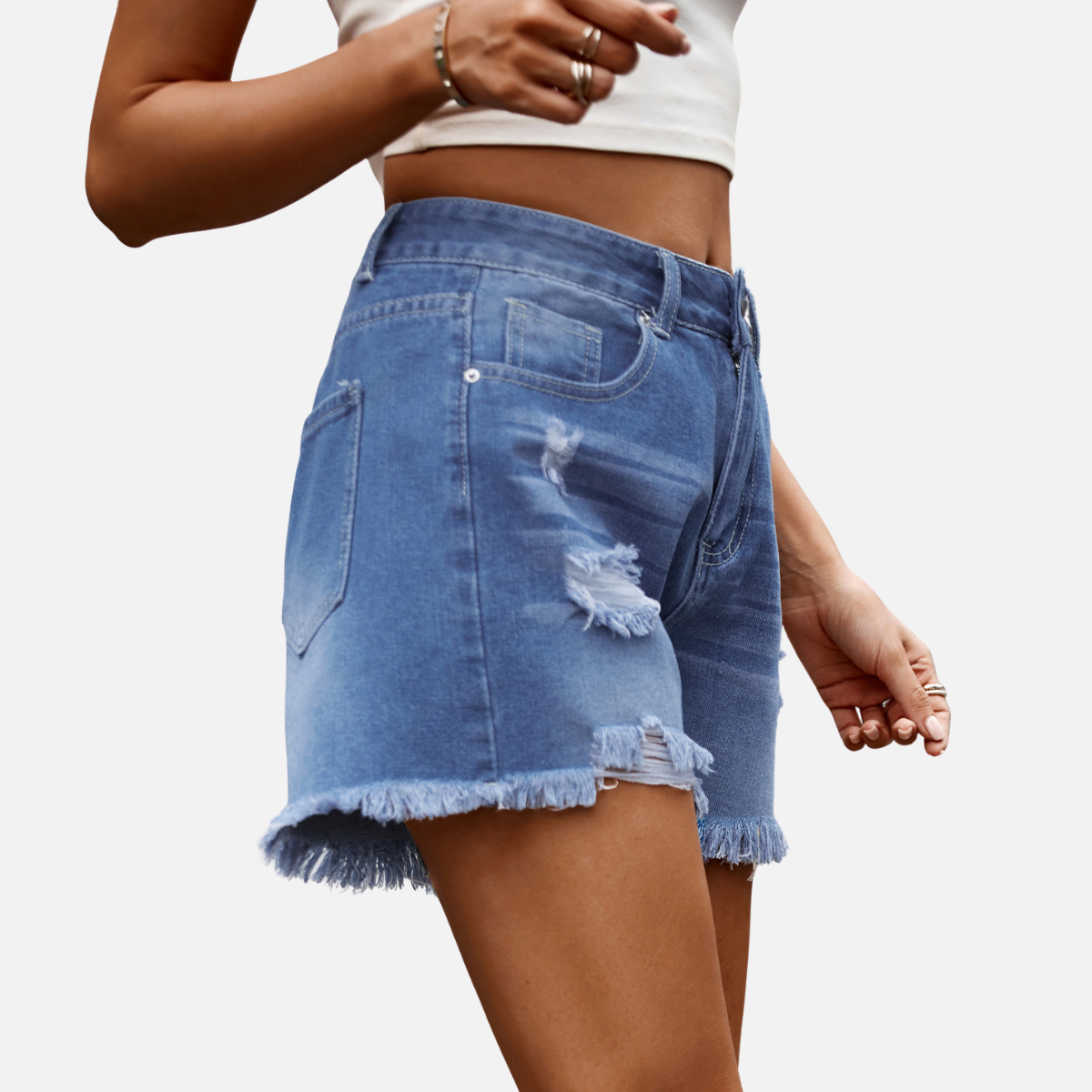 Velqlo | Short en jean bleu taille mi-haute coupe droite pour femme