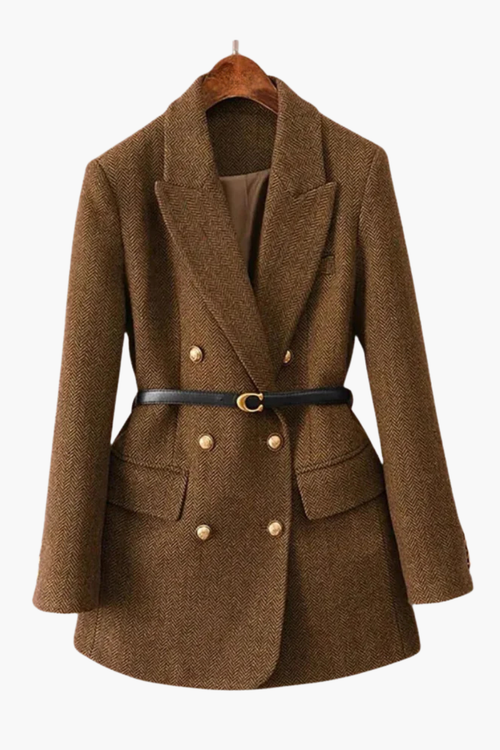 Manteau Blazer Long Femme en Laine Mélangée à Double Boutonnage Velqlo avec Ceinture