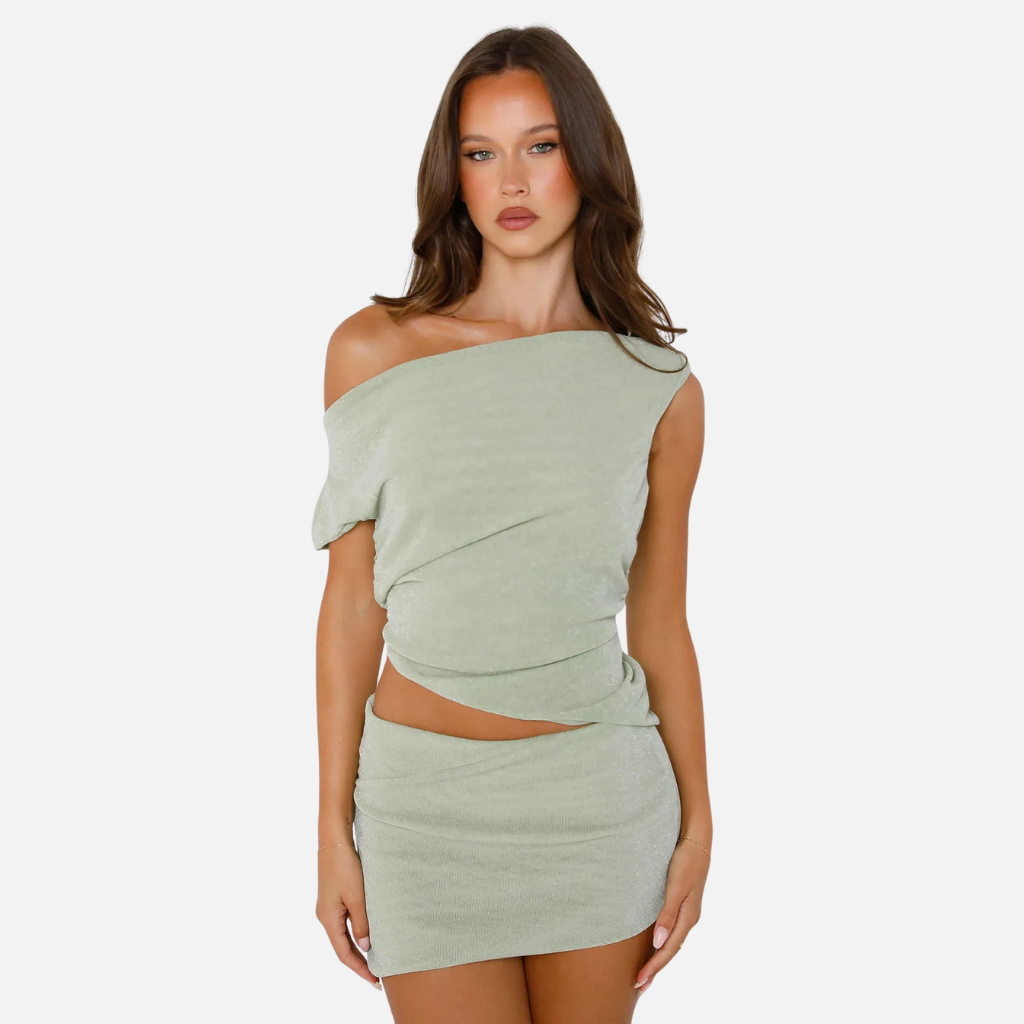 Velqlo | Ensemble jupe à col diagonal pour femme, coupe élégante et ajustée