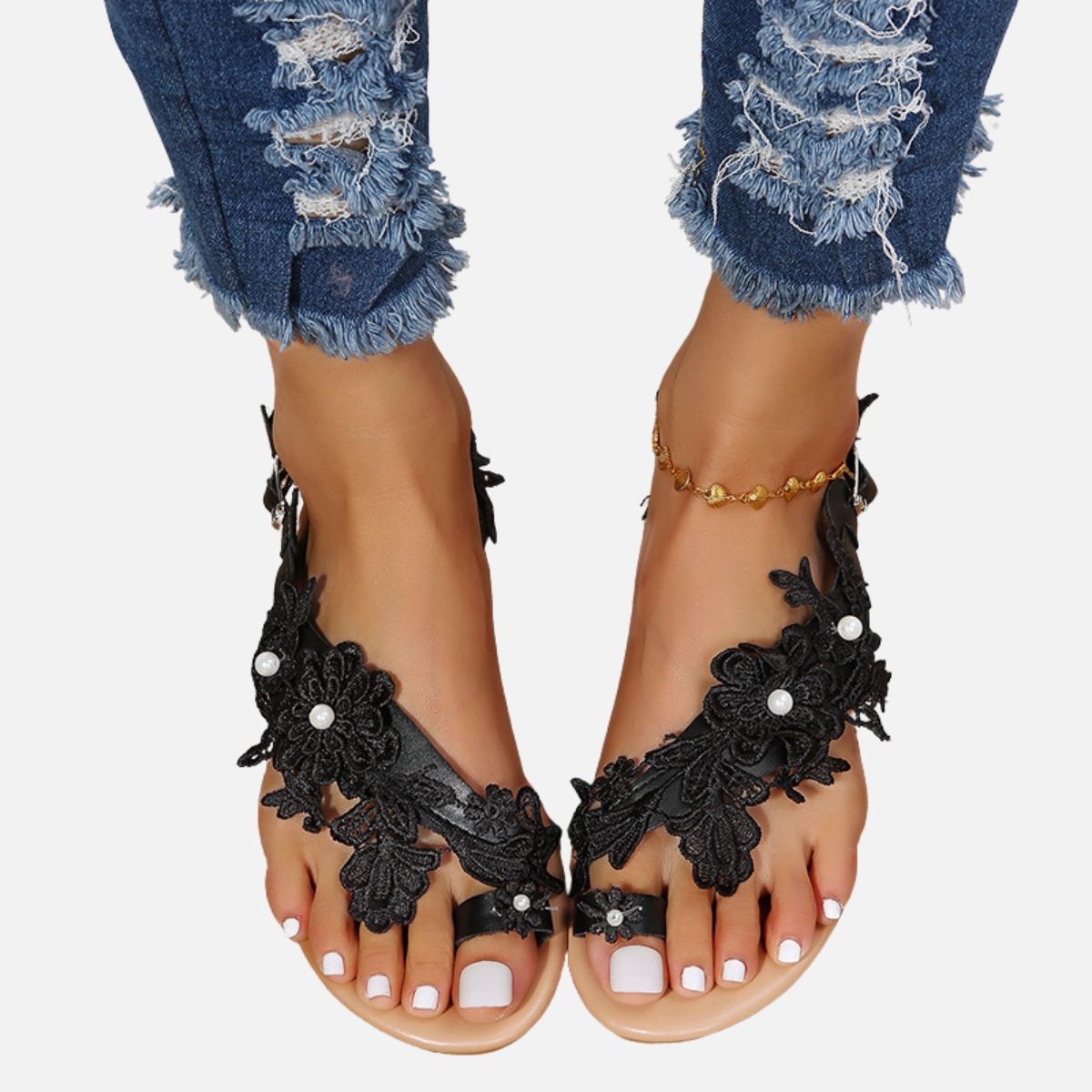 Velqlo | Sandales Plates Confortables en Dentelle pour Femme