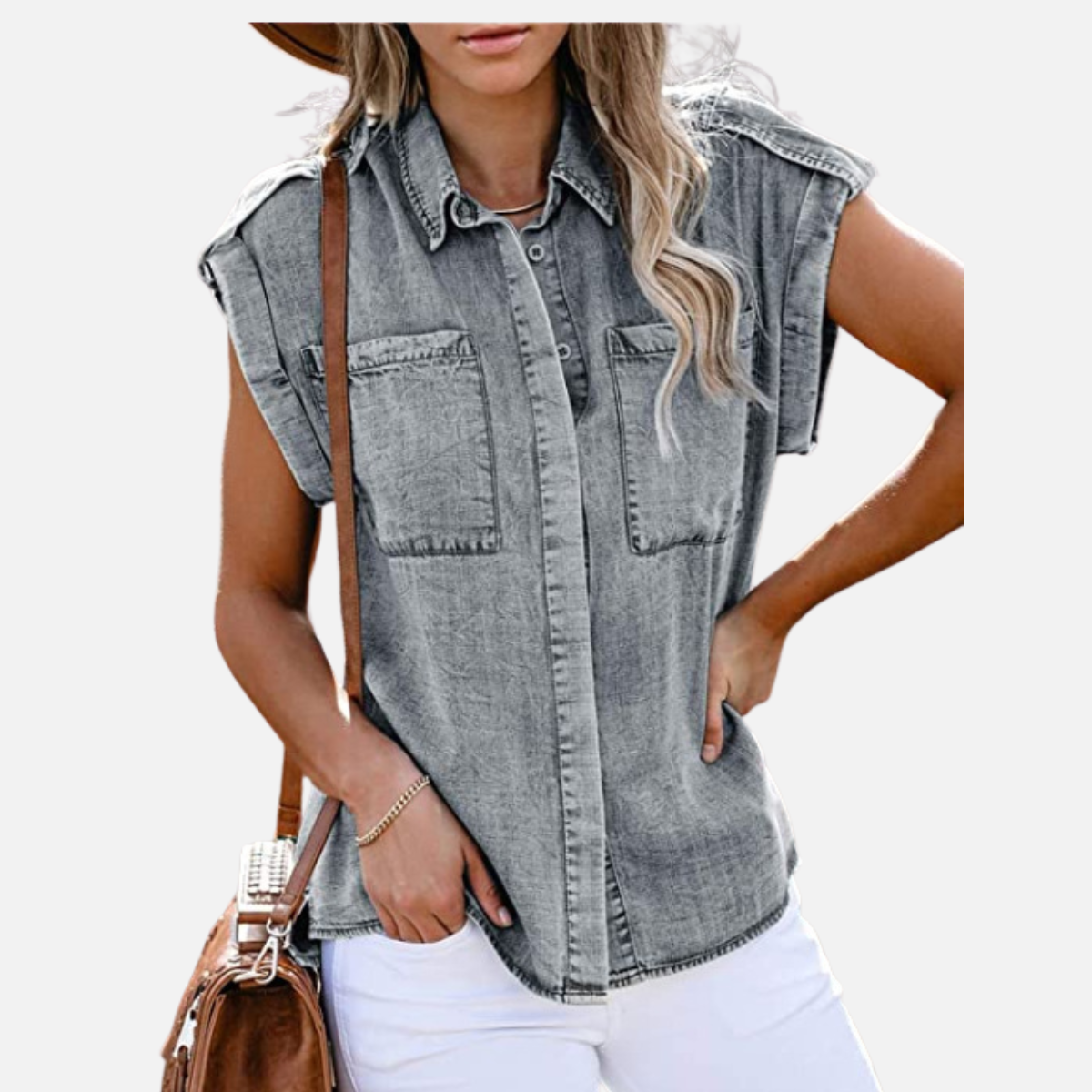 Velqlo | Blouse en Denim Sans Manches pour Femme avec Poches Droites