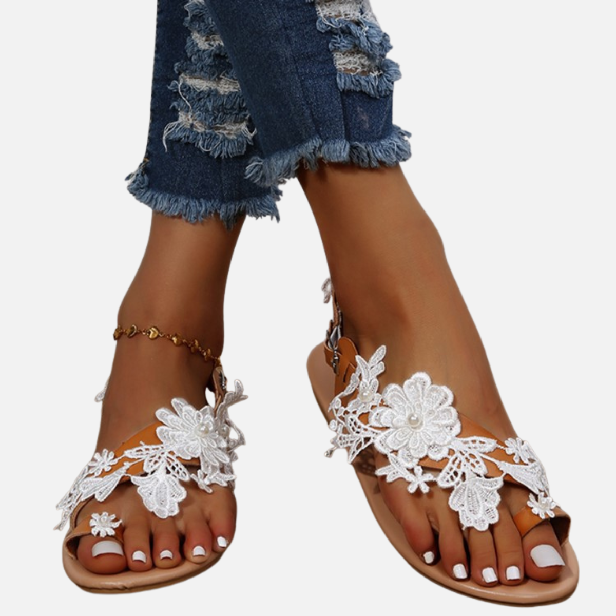 Velqlo | Sandales Plates Confortables en Dentelle pour Femme