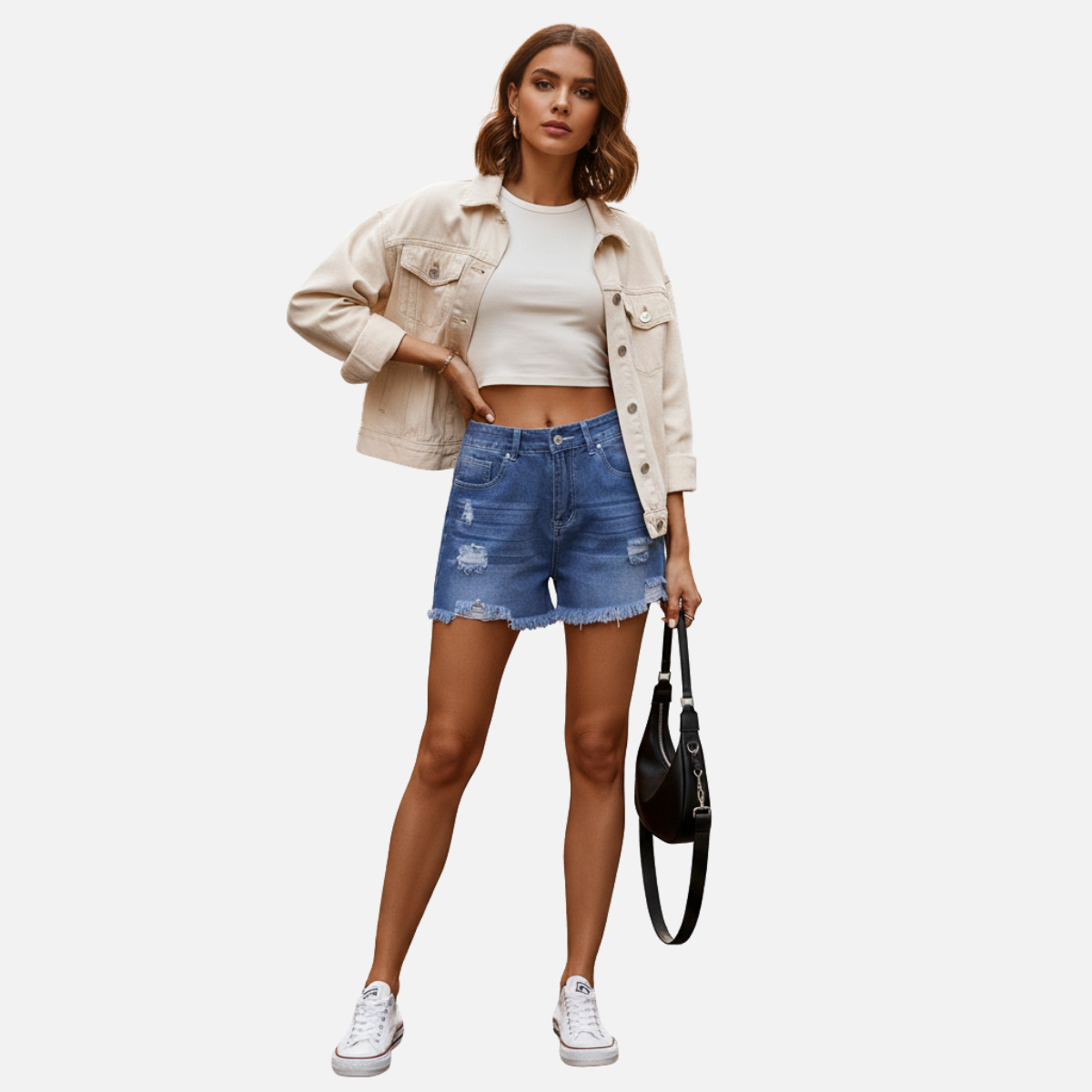 Velqlo | Short en jean bleu taille mi-haute coupe droite pour femme