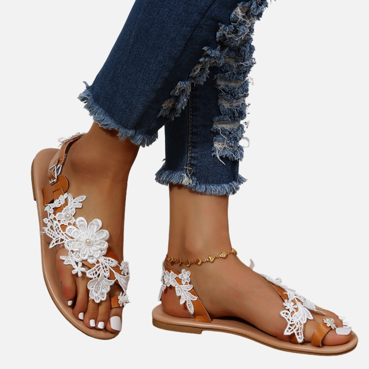 Velqlo | Sandales Plates Confortables en Dentelle pour Femme