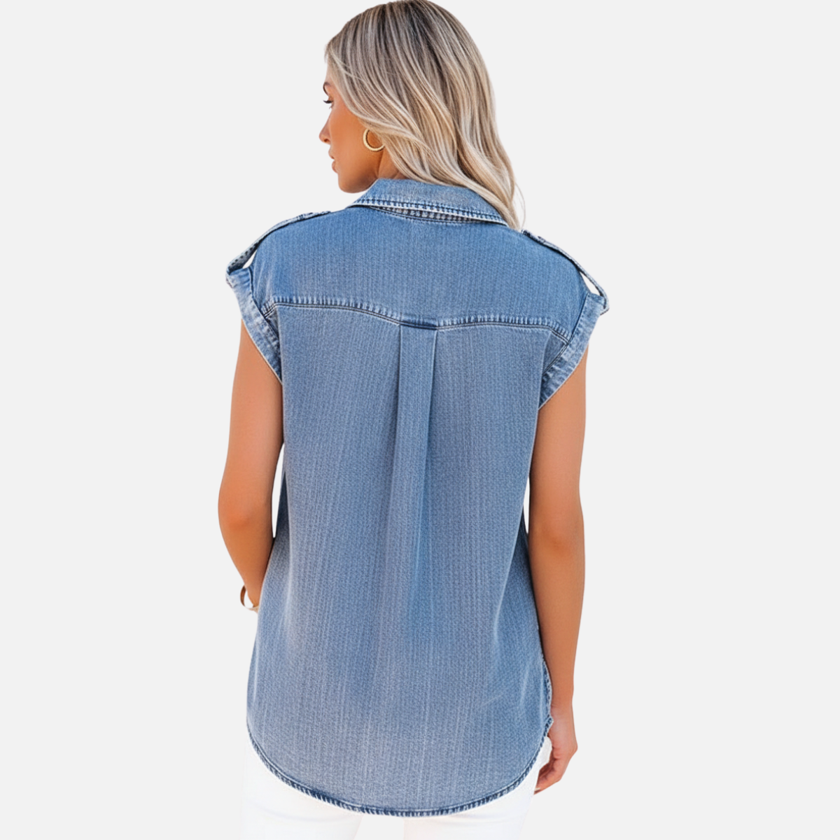 Velqlo | Blouse en Denim Sans Manches pour Femme avec Poches Droites