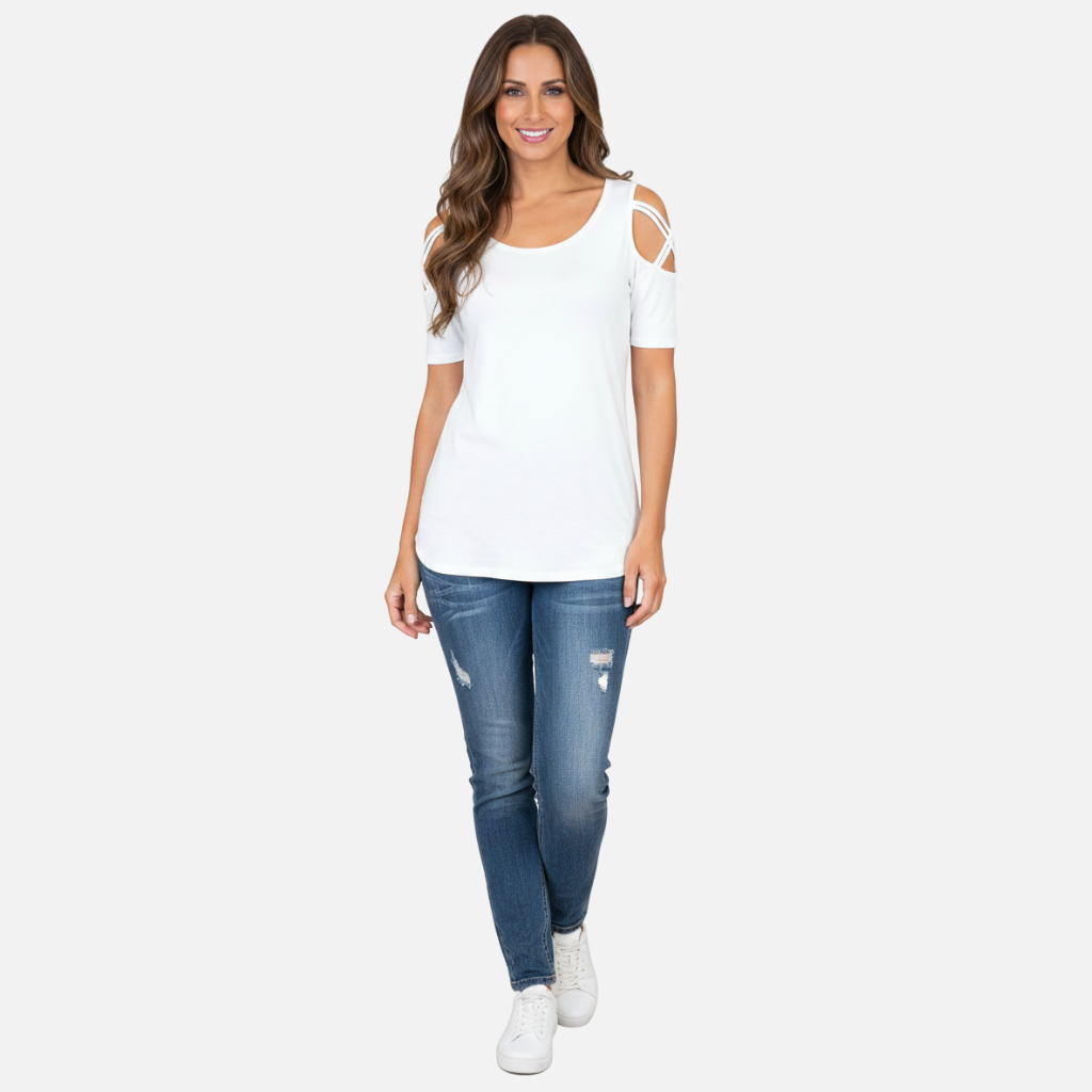 Velqlo | T-shirt en coton vieilli pour femme avec lien aux épaules
