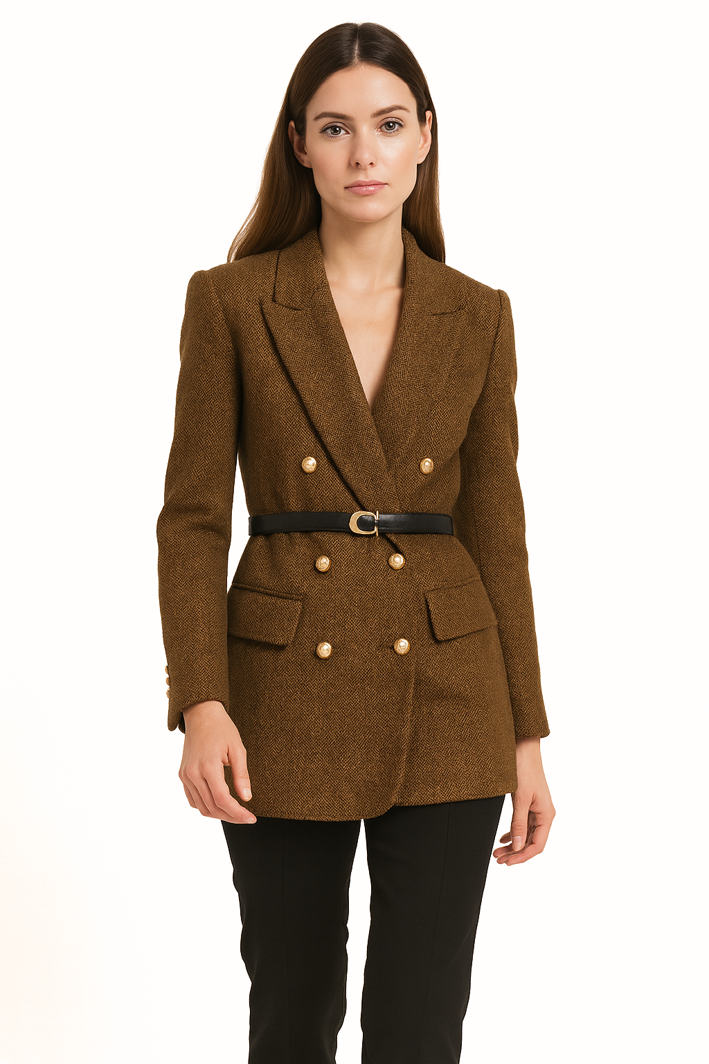 Manteau Blazer Long Femme en Laine Mélangée à Double Boutonnage Velqlo avec Ceinture