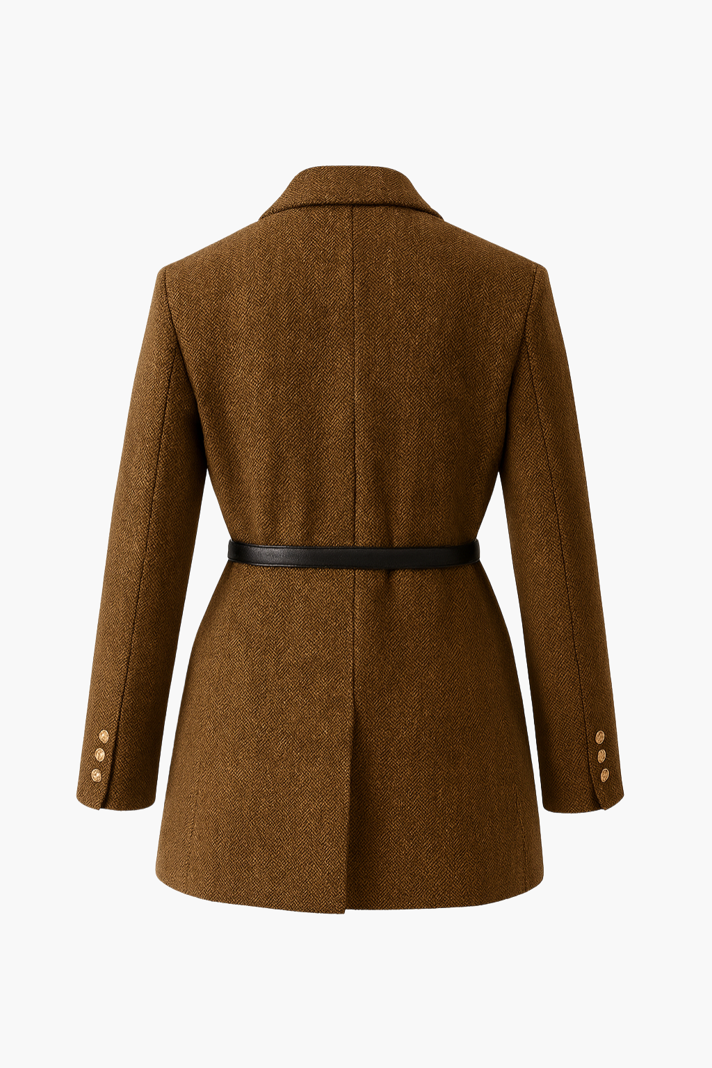 Manteau Blazer Long Femme en Laine Mélangée à Double Boutonnage Velqlo avec Ceinture