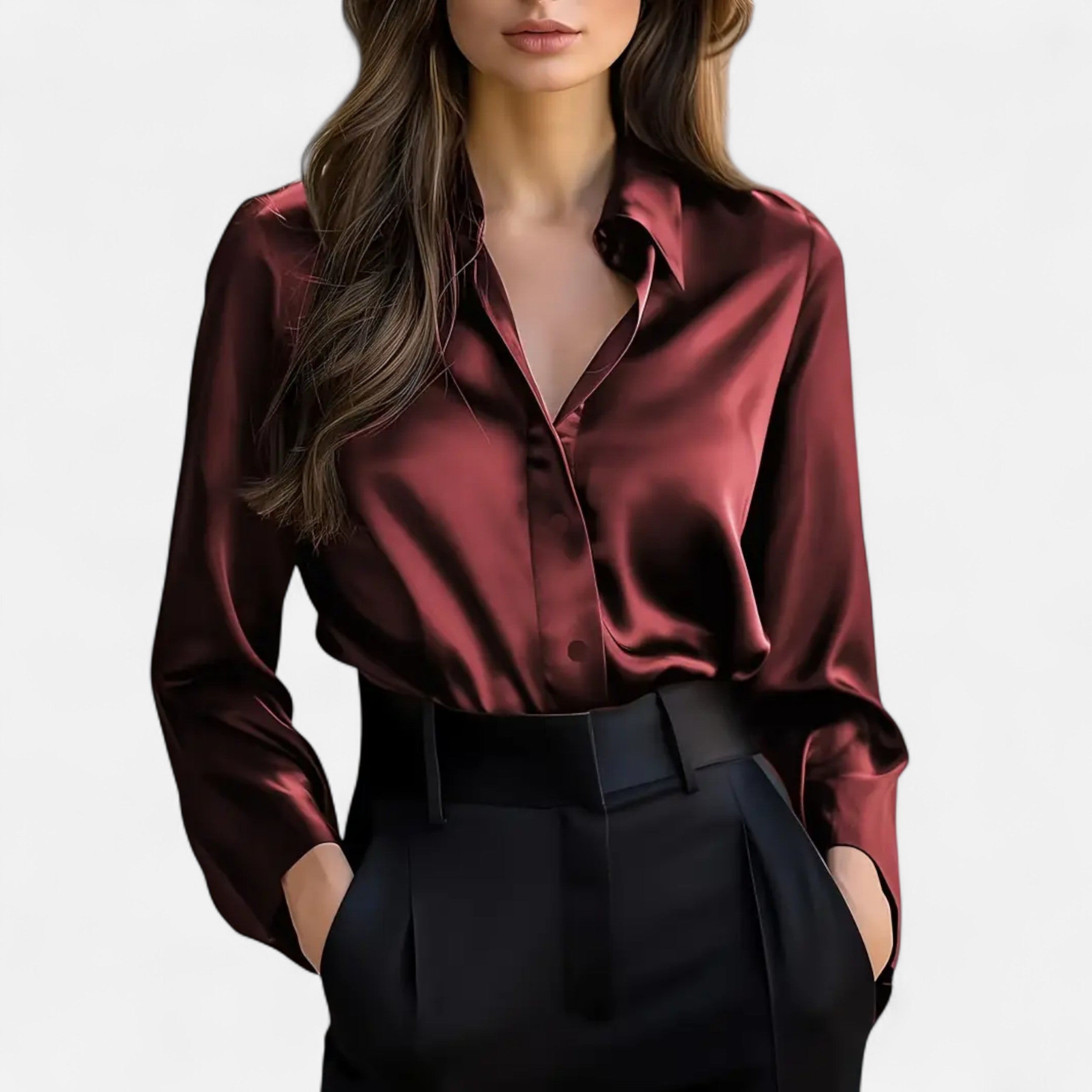 Velqlo | Women’s Black Satin Long Sleeve Blouse – Refined Button-Up Elegance