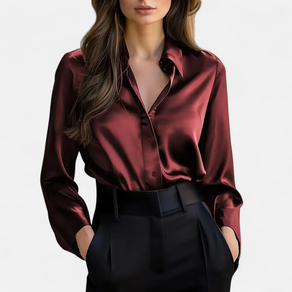 Velqlo | Women’s Black Satin Long Sleeve Blouse – Refined Button-Up Elegance