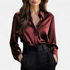 Velqlo | Women’s Black Satin Long Sleeve Blouse – Refined Button-Up Elegance