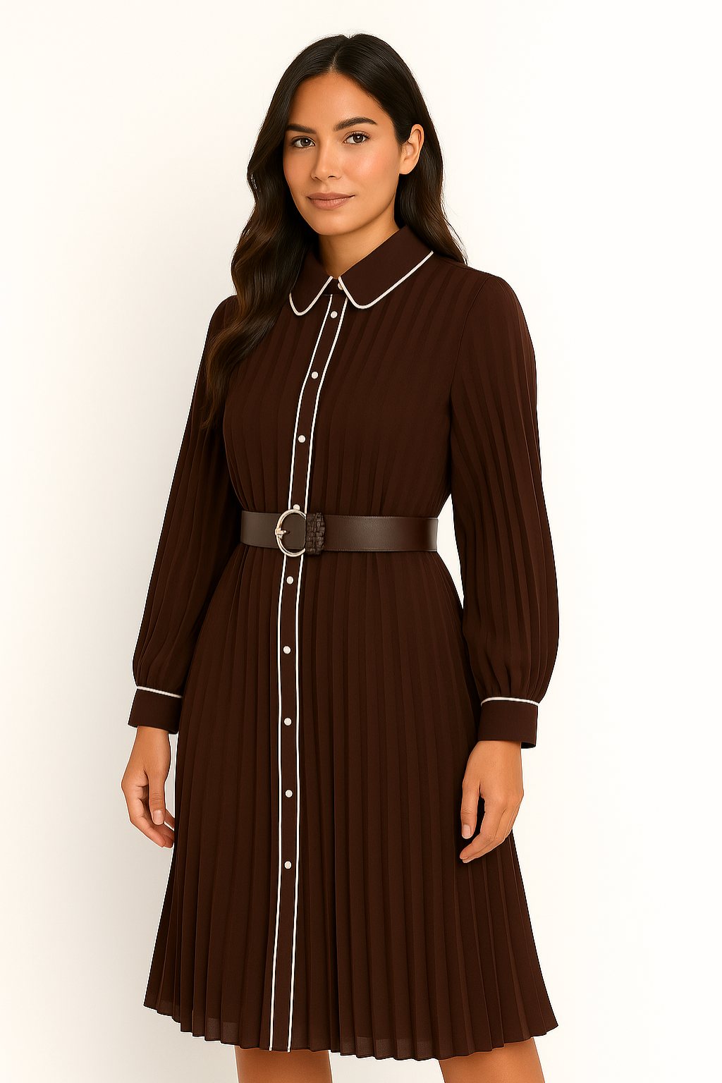 Robe Midi à Manches Longues Ceinturée Velqlo pour Femme