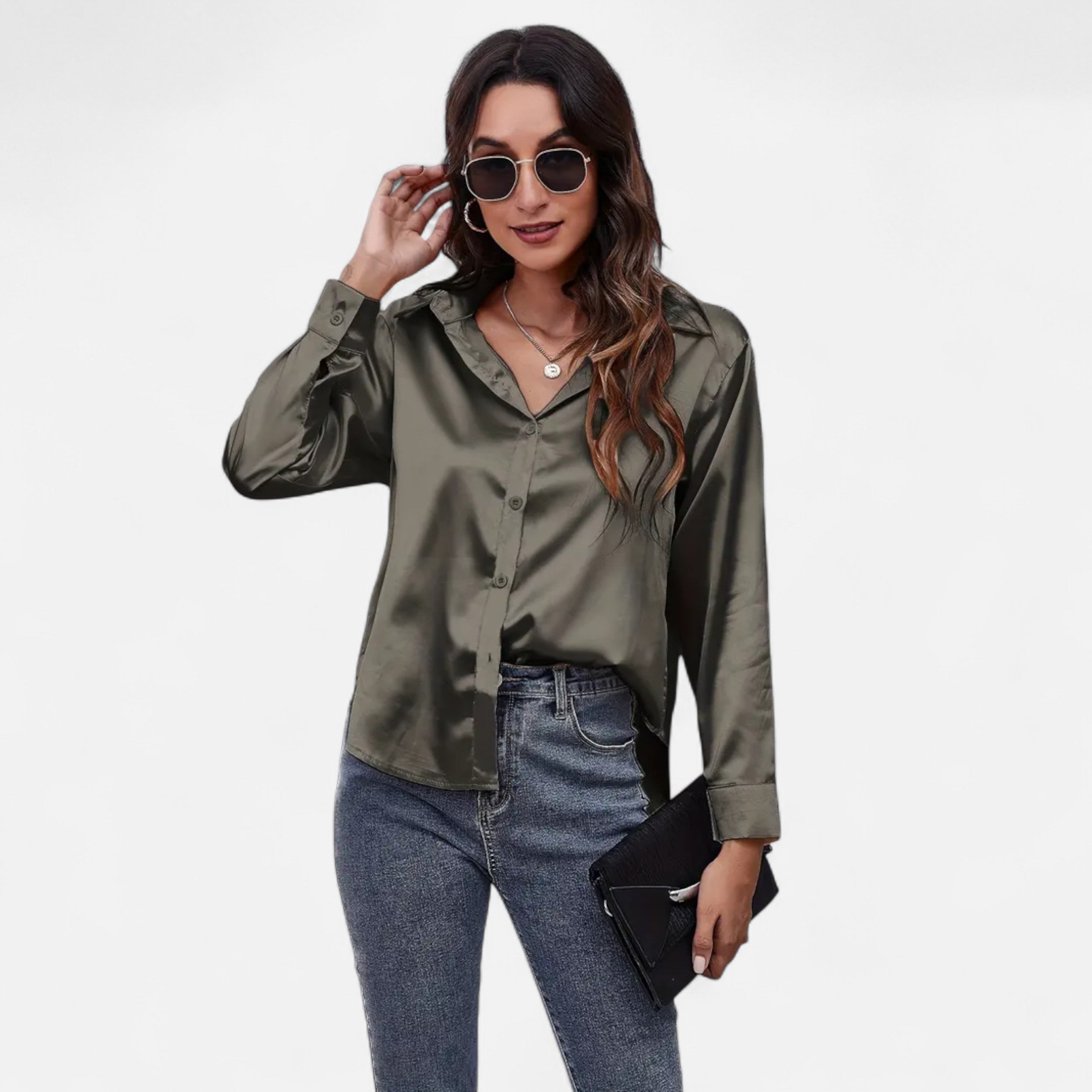 Velqlo | Women’s Satin-Finish Long Sleeve Blouse – Chic Formal Elegance