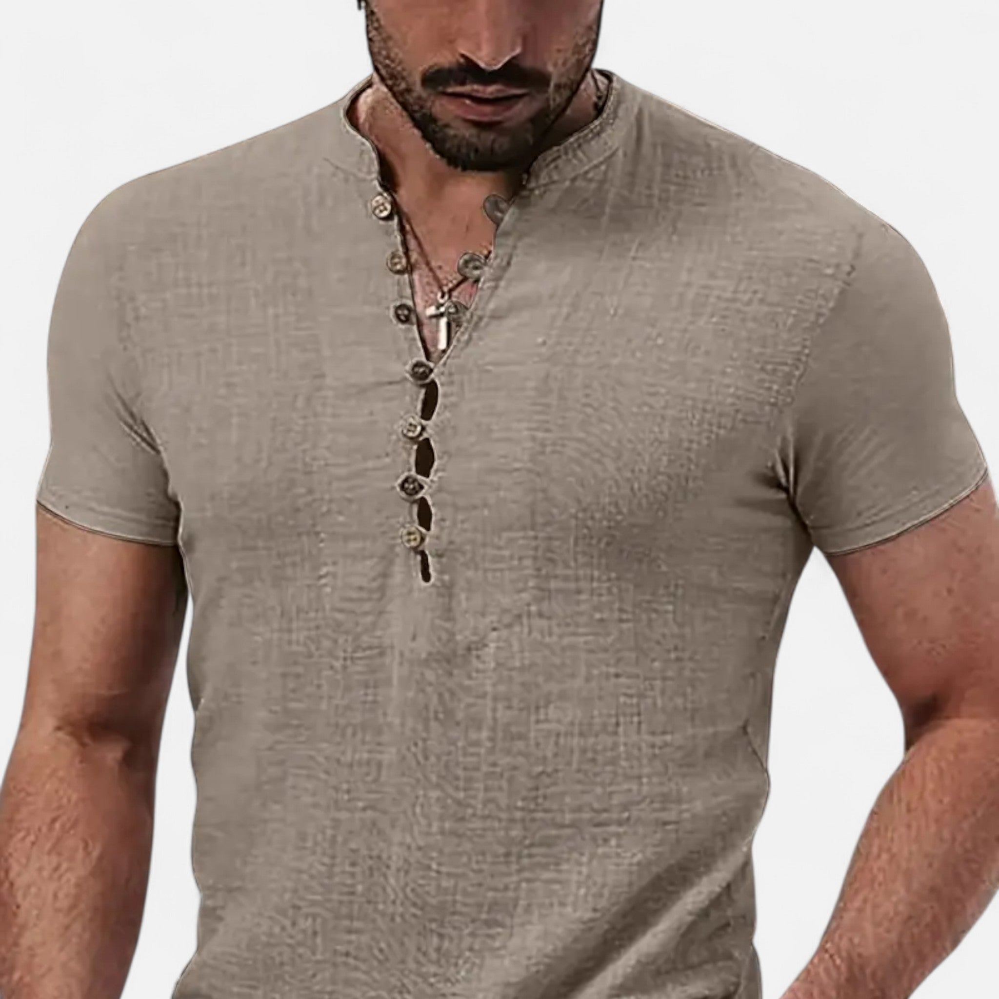 Velqlo | Men’s Henley Shirt – Short Sleeve Deep V-Neck Elegance