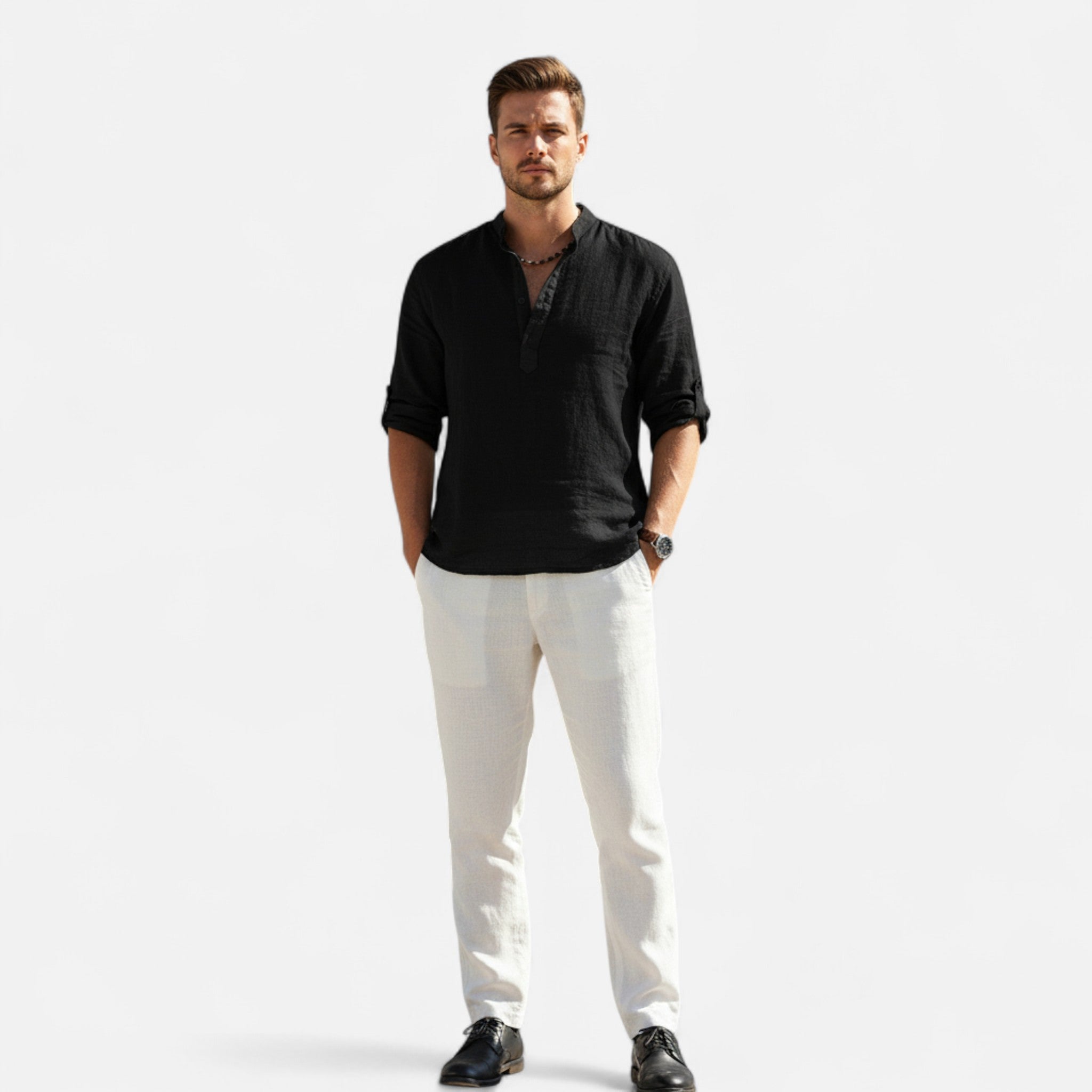 Velqlo | Men’s Shirt – Cotton Linen Long Sleeve Casual Elegance