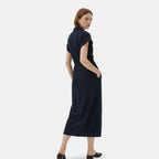 Velqlo | Women’s Denim Midi Dress – 1975 Slim Lapel Elegance
