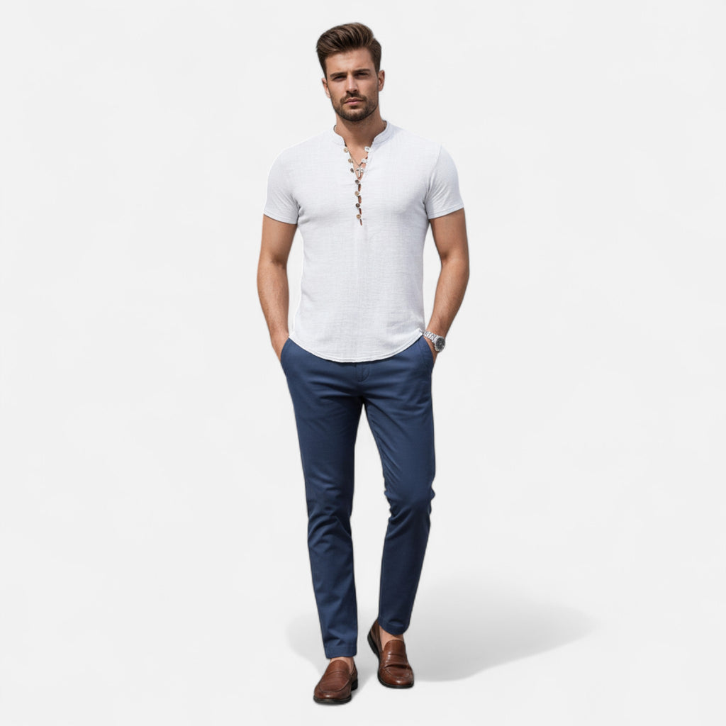 Velqlo | Men’s Henley Shirt – Short Sleeve Deep V-Neck Elegance