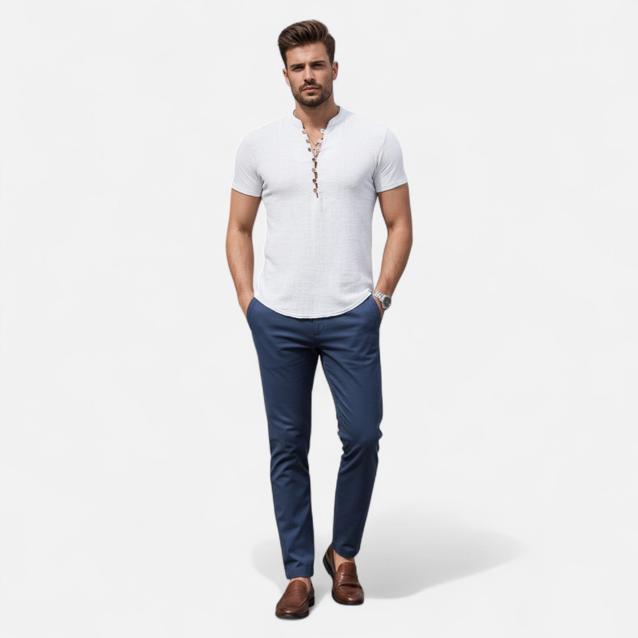 Velqlo | Men’s Henley Shirt – Short Sleeve Deep V-Neck Elegance
