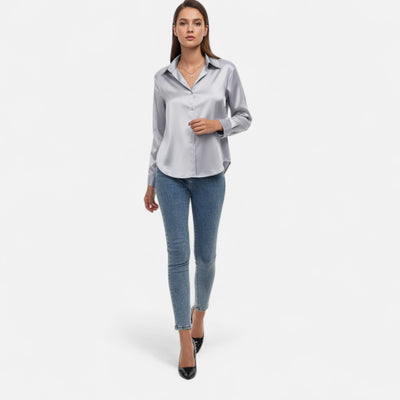 Velqlo | Women’s Satin-Finish Long Sleeve Blouse – Chic Formal Elegance