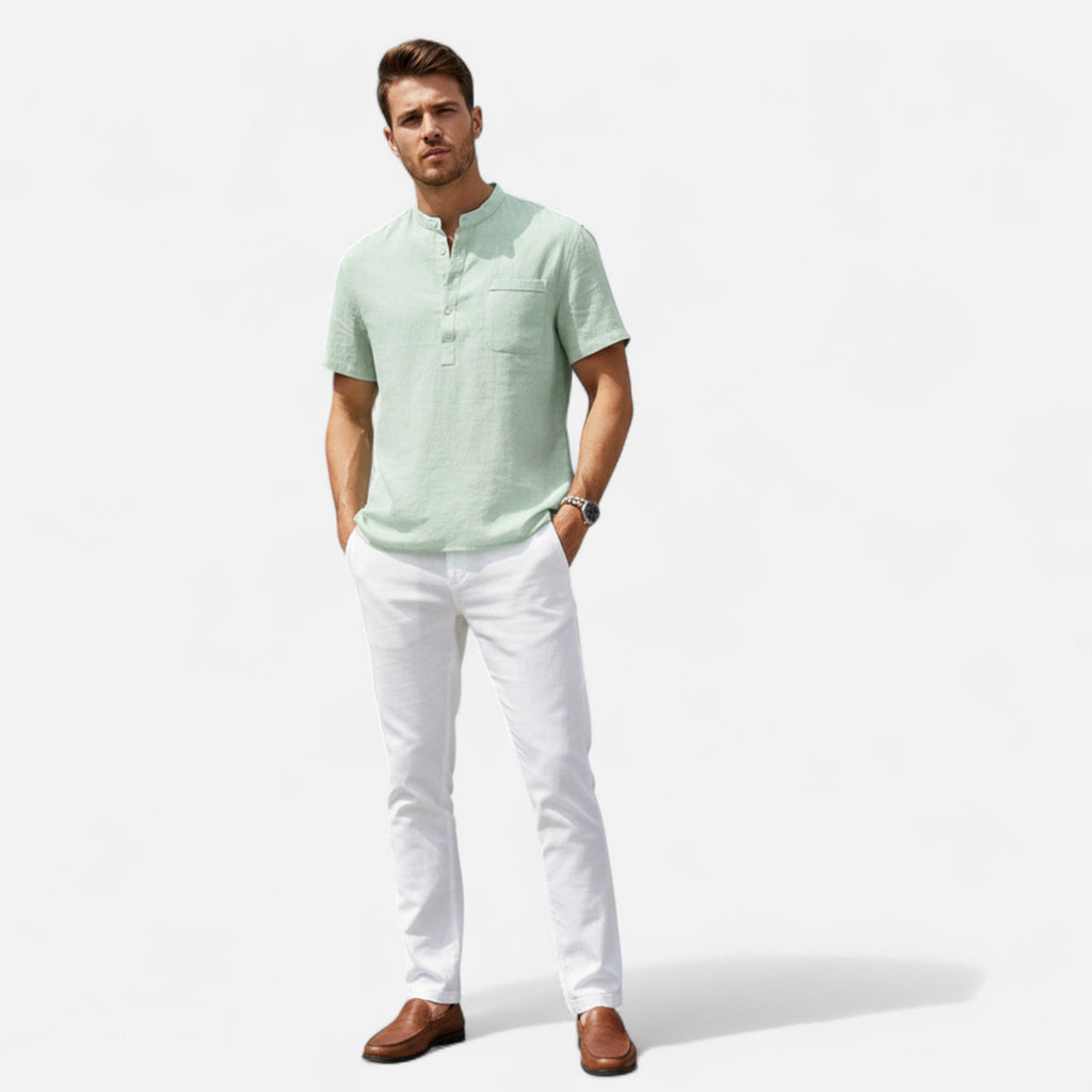 Velqlo | Men’s Henley Shirt – Cotton Linen Short Sleeve Elegance