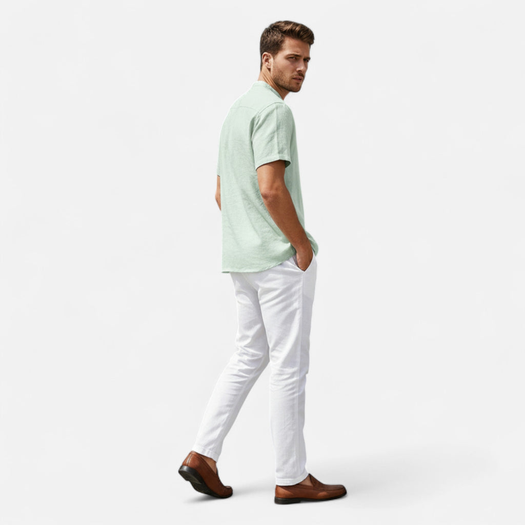 Velqlo | Men’s Henley Shirt – Cotton Linen Short Sleeve Elegance