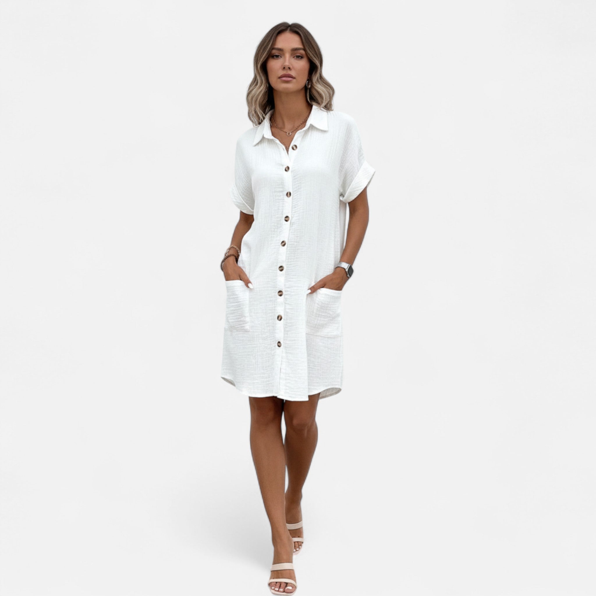 Velqlo | Women’s Mini Dress – Cotton Linen V-Neck Elegance