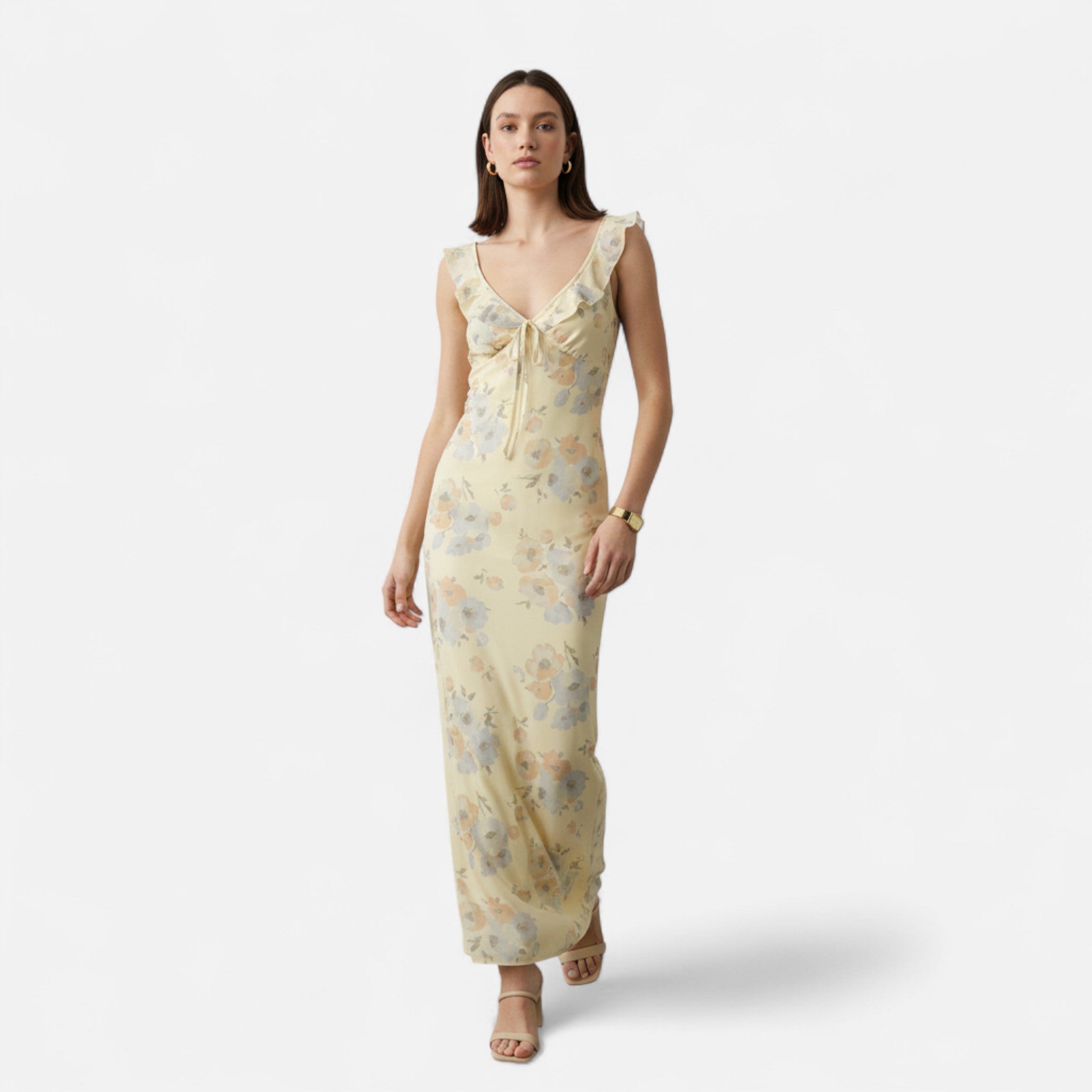 Velqlo | Women’s Maxi Dress – Yellow Floral V-Neck Elegance