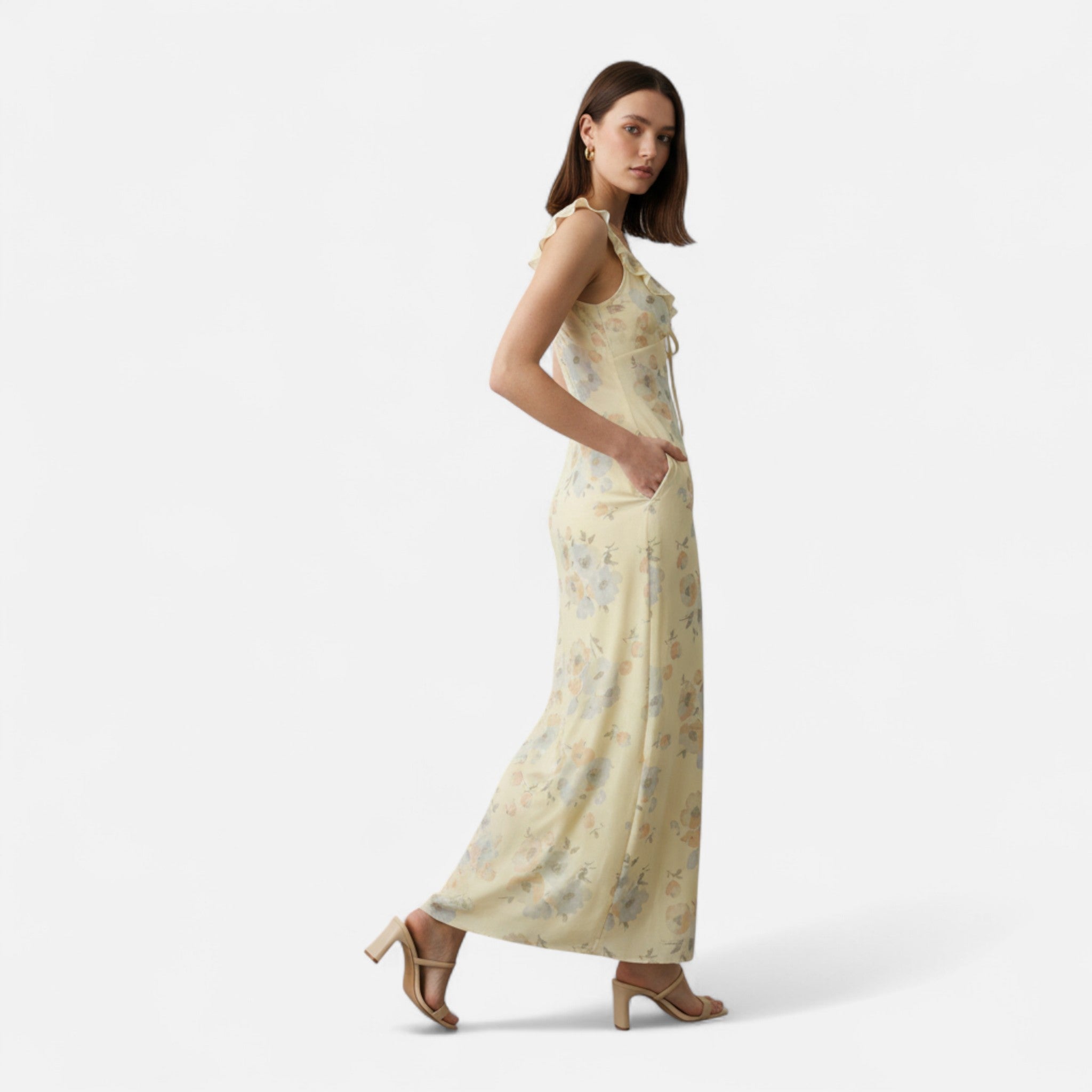 Velqlo | Women’s Maxi Dress – Yellow Floral V-Neck Elegance
