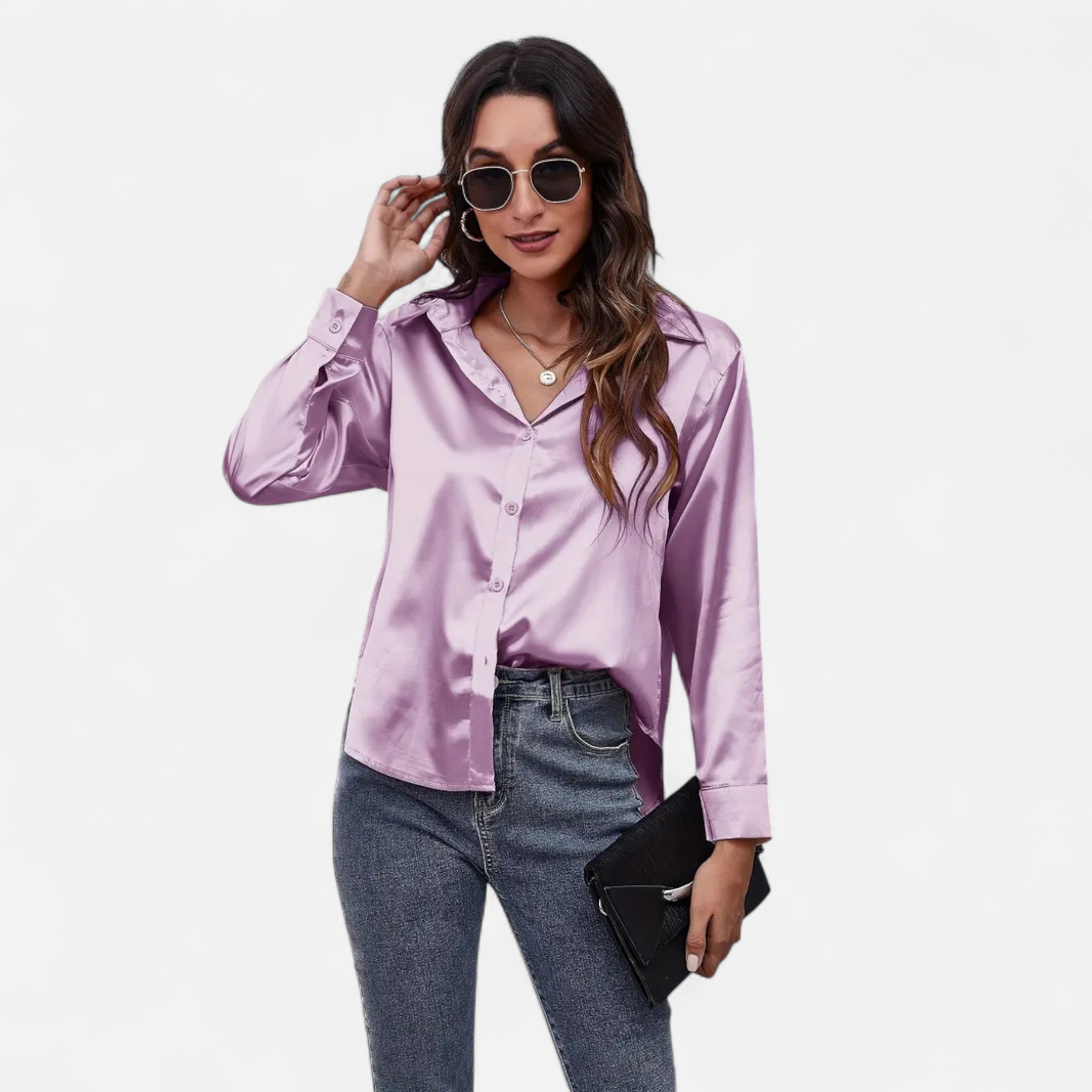 Velqlo | Women’s Satin-Finish Long Sleeve Blouse – Chic Formal Elegance