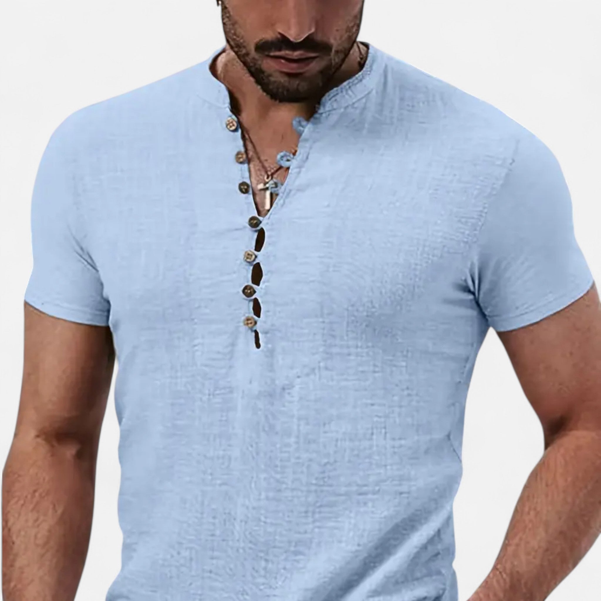 Velqlo | Men’s Henley Shirt – Short Sleeve Deep V-Neck Elegance