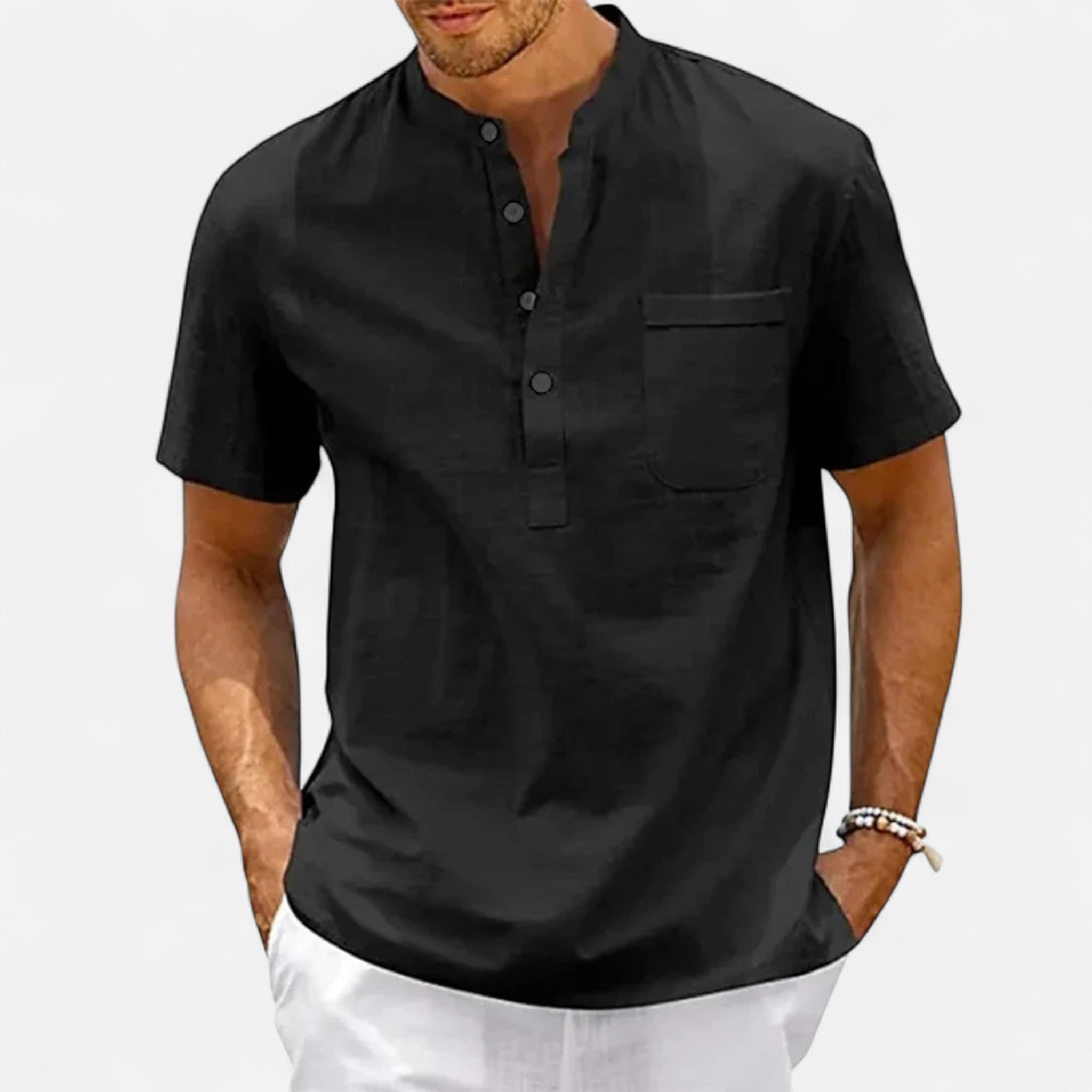 Velqlo | Men’s Henley Shirt – Cotton Linen Short Sleeve Elegance