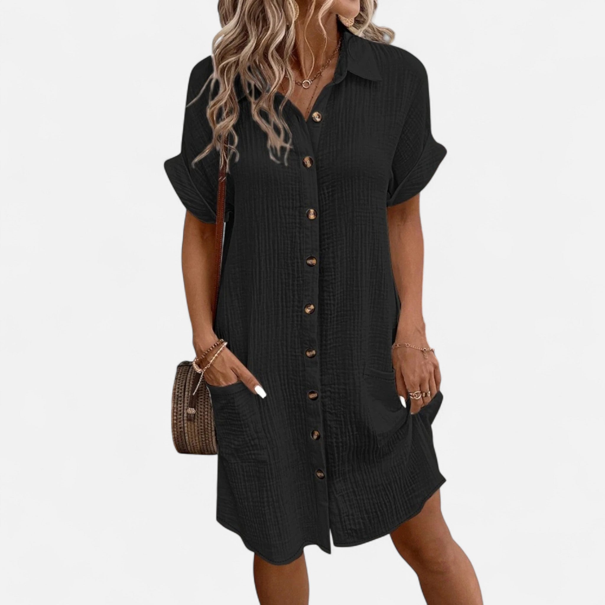 Velqlo | Women’s Mini Dress – Cotton Linen V-Neck Elegance