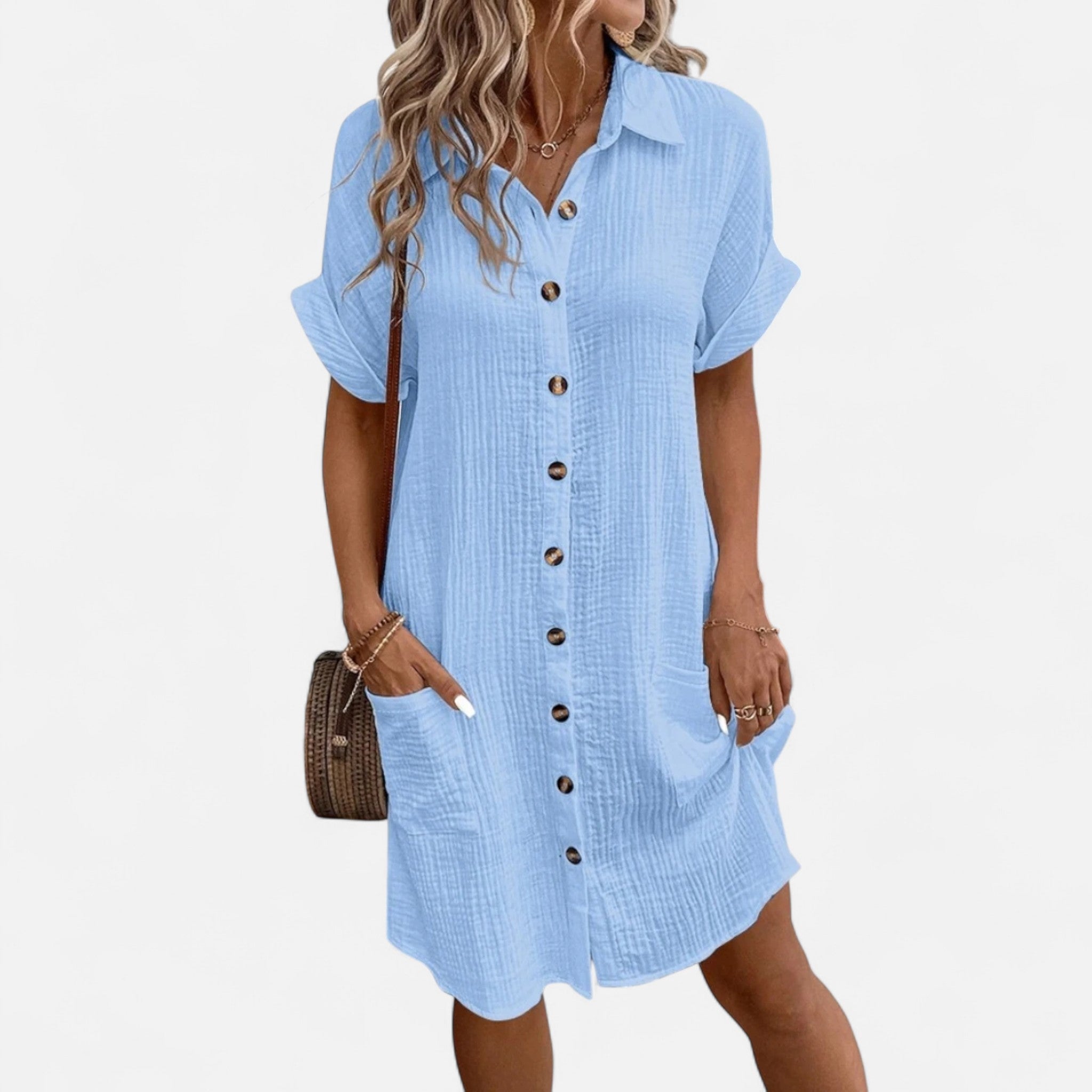 Velqlo | Women’s Mini Dress – Cotton Linen V-Neck Elegance
