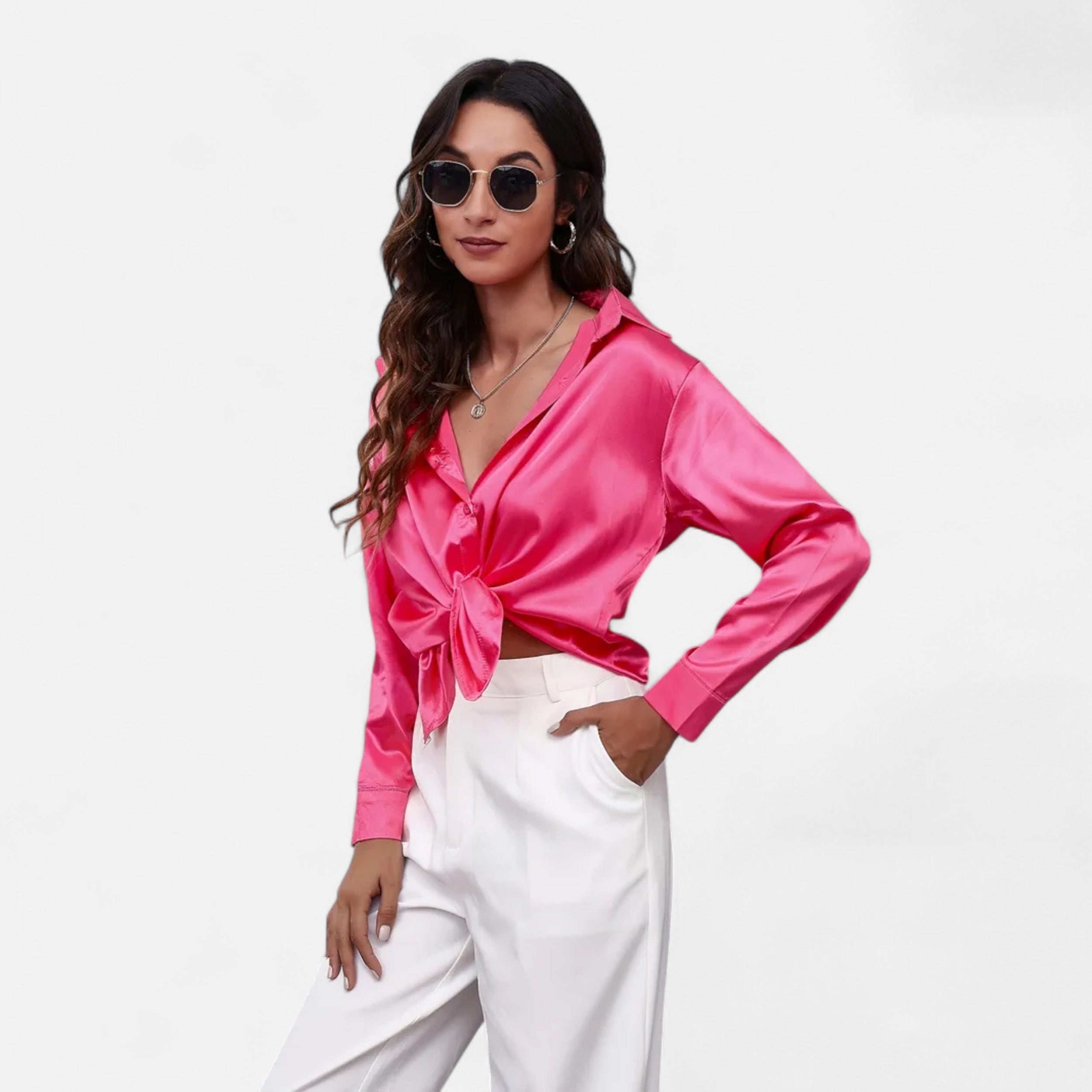 Velqlo | Women’s Satin-Finish Long Sleeve Blouse – Chic Formal Elegance