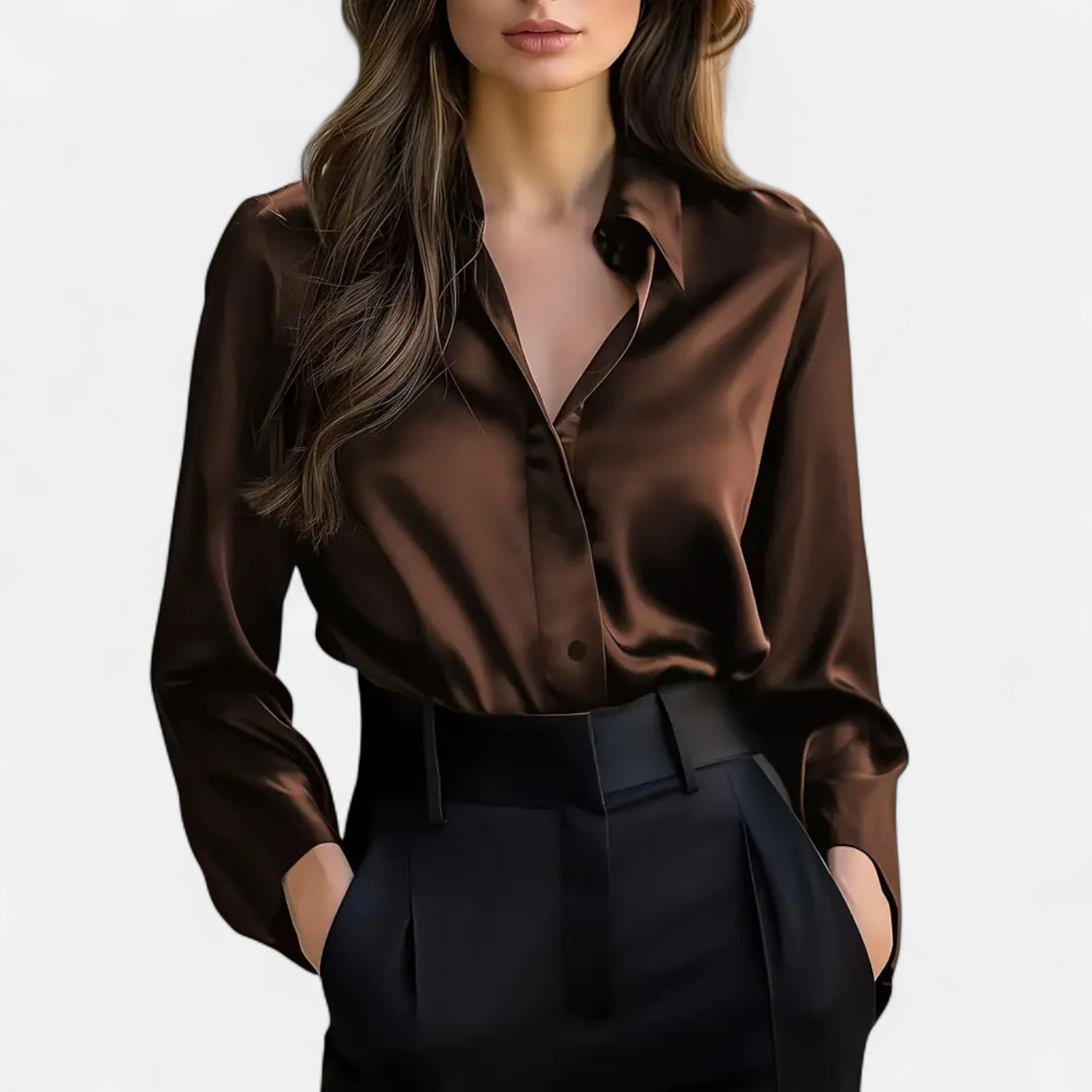 Velqlo | Women’s Black Satin Long Sleeve Blouse – Refined Button-Up Elegance